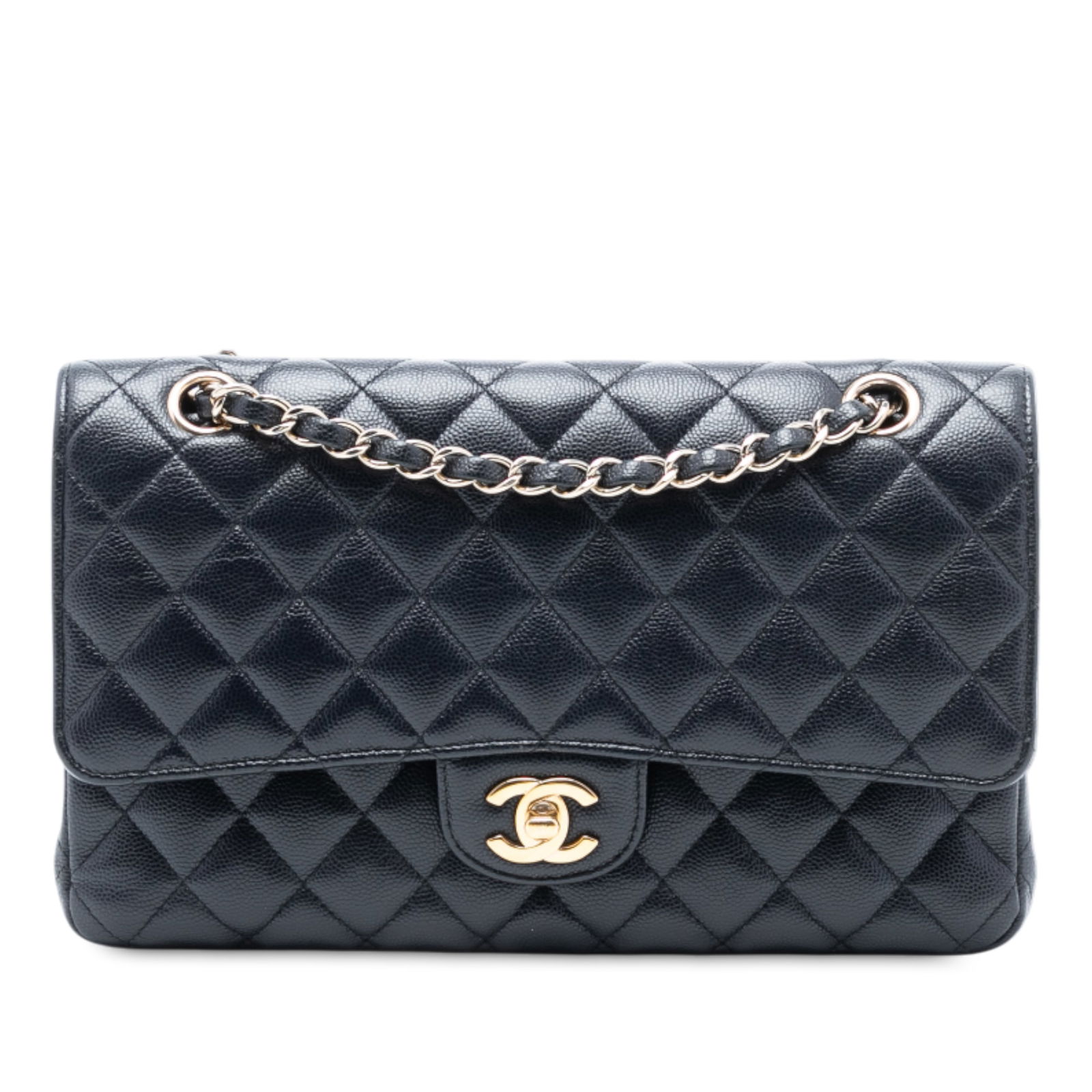 Blue Chanel Medium Classic Caviar Leather Double Flap Shoulder Bag: Blue Chanel Medium Classic Caviar Leather Double Flap Shoulder Bag This Chanel Medium Classic Caviar Double Flap shoulder bag is crafted from blue quilted caviar leather and features a leather-woven c