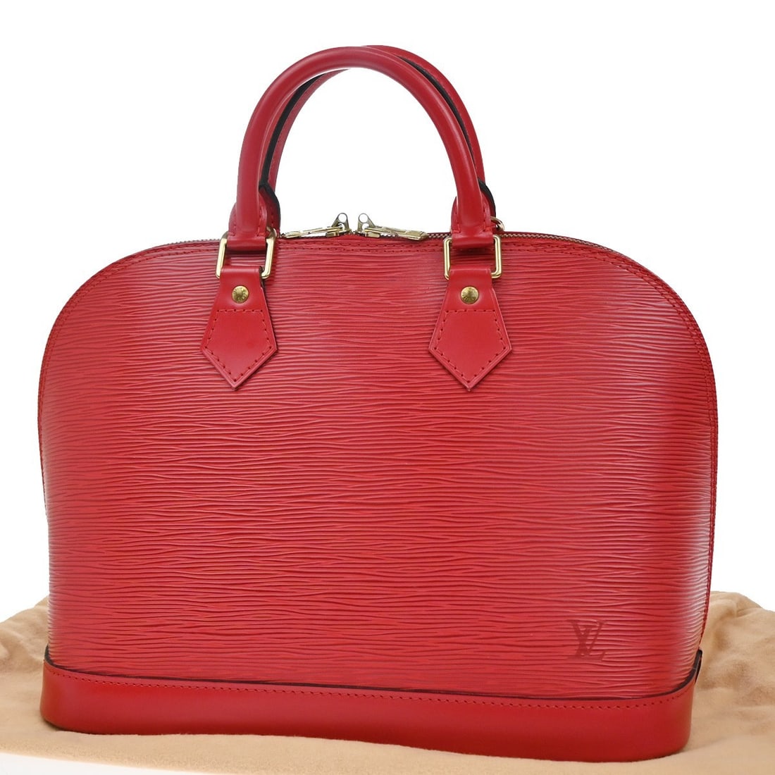 Red Alma Tote by Louis Vuitton: Red Alma Tote by Louis Vuitton This pre-owned Louis Vuitton Alma handbag in red is designed for women and remains in very good condition. It displays signs of wear such as stains and scuffs on the ext
