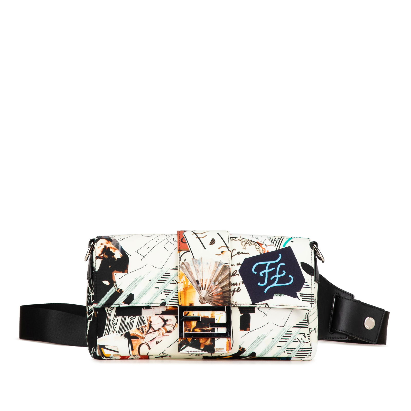 Fendi Nylon Karl Kollage Convertible Belt Bag White Fabric Italy: Fendi Nylon Karl Kollage Convertible Belt Bag White Fabric Italy Introducing the Fendi Nylon Karl Kollage Convertible Belt Baguette, a stylish and versatile bag crafted from durable printed nylon. Thi