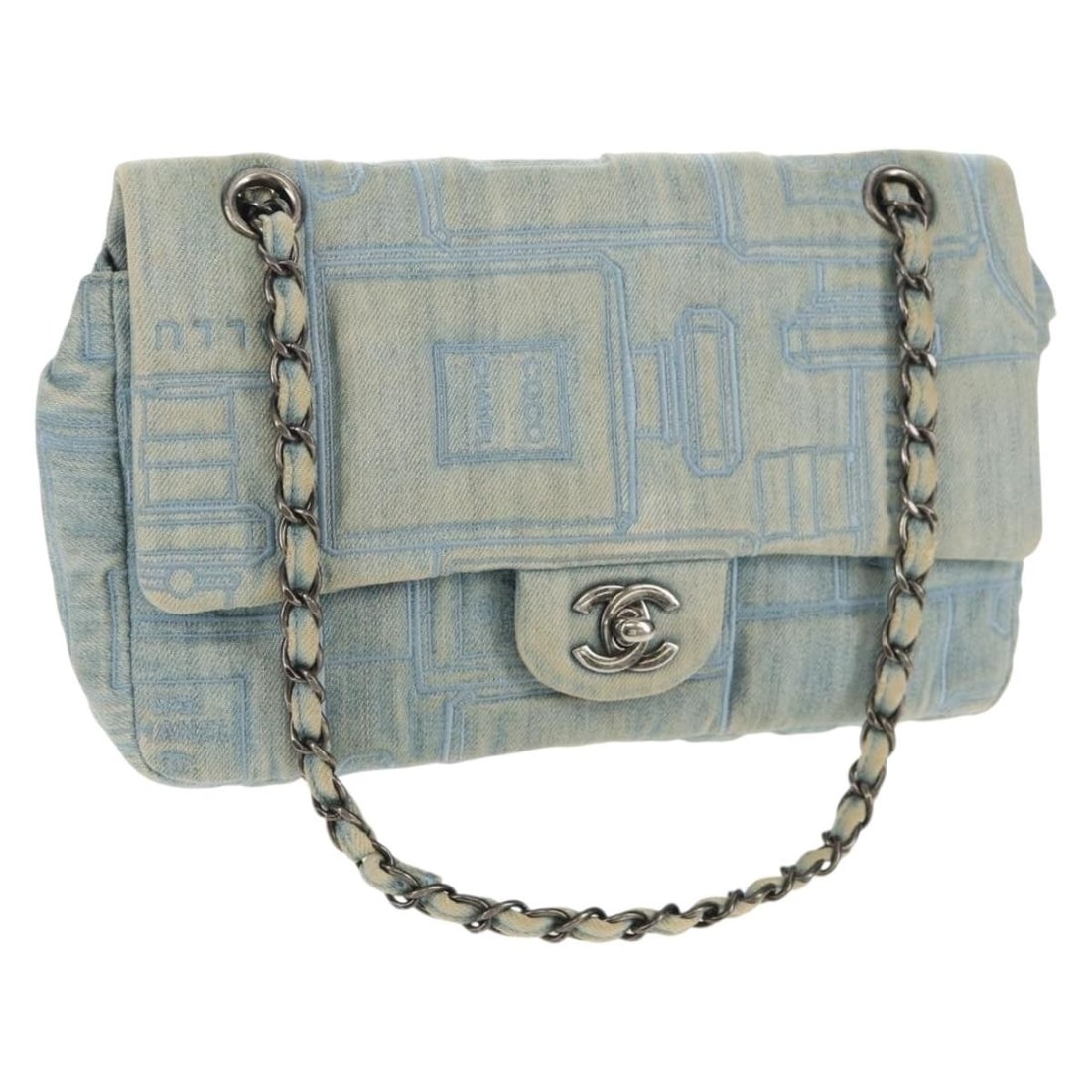 CHANEL Light Blue Denim Coco Shoulder Bag with Chain Auth 145068AV: CHANEL Light Blue Denim Coco Shoulder Bag with Chain Auth 145068AV Elevate your accessory game with this authentic CHANEL Coco Perfume Chain Shoulder Bag, crafted in France from high-quality canvas. T