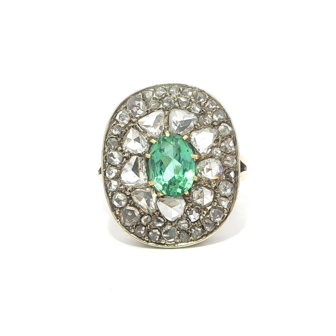 GIA Certified Antique 10k Gold Silver Ring with Mint Green Tourmaline and Rose Cut Diamonds (1 of 17)