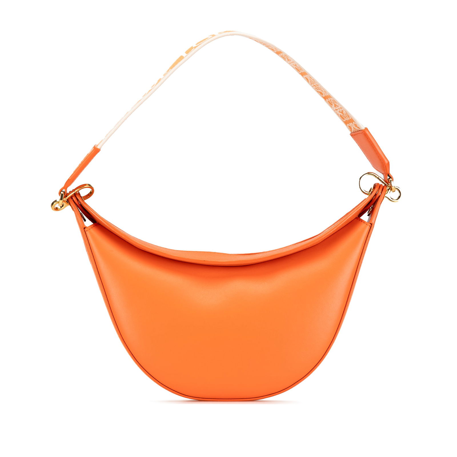 LOEWE Small Leather Luna Hobo Bag in Orange with Canvas Strap: LOEWE Small Leather Luna Hobo Bag in Orange with Canvas Strap Introducing the LOEWE Small Leather Luna Hobo, a stylish and functional bag crafted from high-quality leather. This hobo features a detach