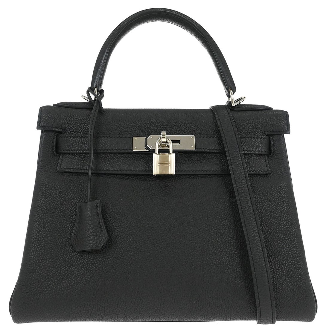 Black Togo Leather Kelly 28 Retourne Two Way Top Handle Bag by Hermes: Black Togo Leather Kelly 28 Retourne Two Way Top Handle Bag by Hermes This Hermes Kelly 28 Retourne handbag is crafted from black Togo leather and features a medium-sized silhouette. It is designed wi