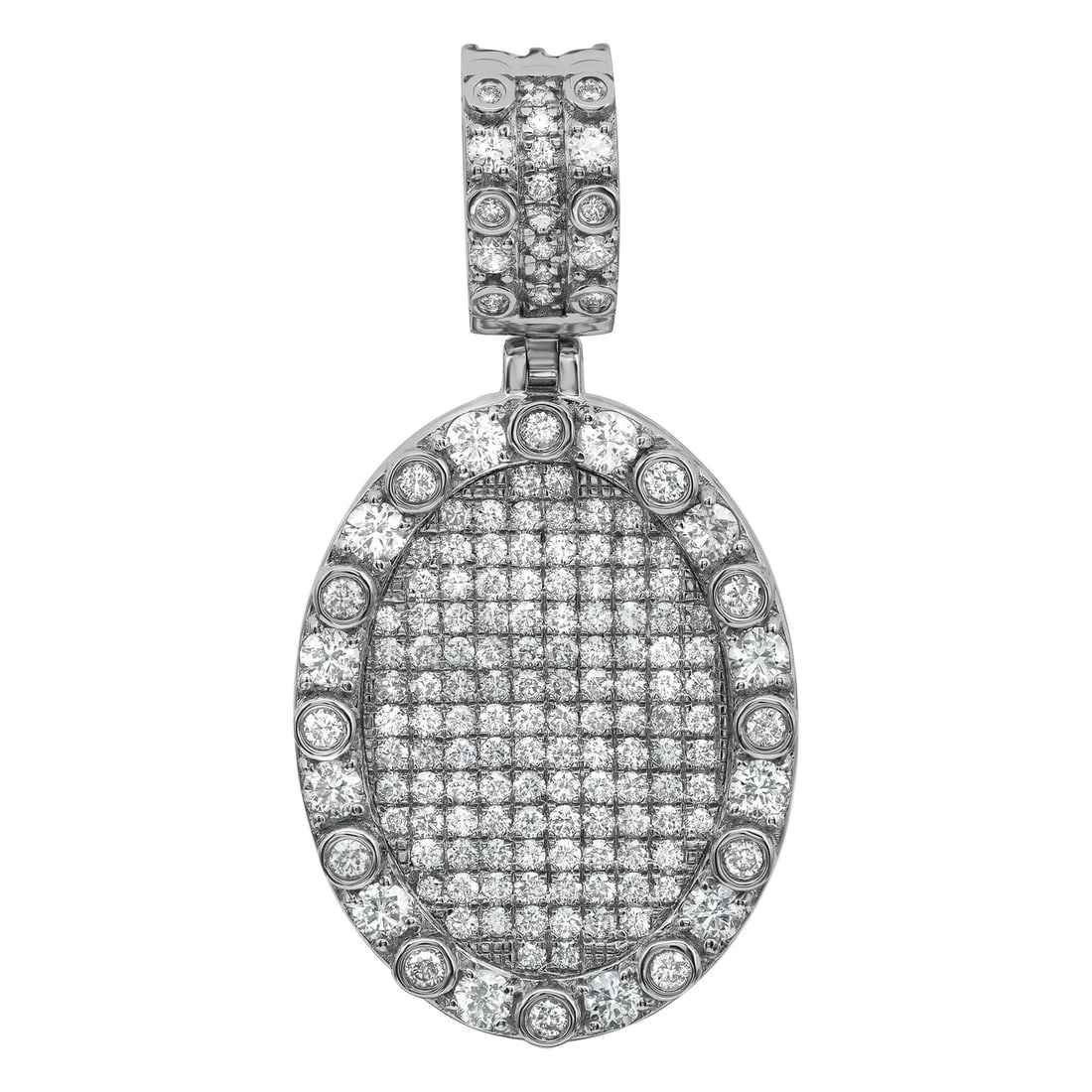 Rachel Koen 14K White Gold Oval Diamond Pendant 1.77Cttw Pave Set: Rachel Koen 14K White Gold Oval Diamond Pendant 1.77Cttw Pave Set This exquisite oval-shaped pendant showcases a stunning array of pave and bezel set round brilliant cut diamonds, making it a perfect