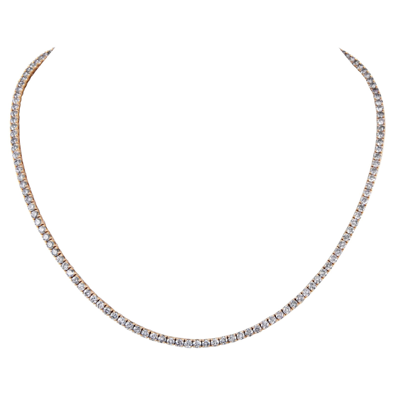 10.22ct Round Diamond Tennis Necklace in Rose Gold: 10.22ct Round Diamond Tennis Necklace in Rose Gold This stunning 10.22ct Round Diamond Tennis Necklace is crafted in luxurious 14k rose gold, featuring 150 round brilliant diamonds that total 10.22 ca