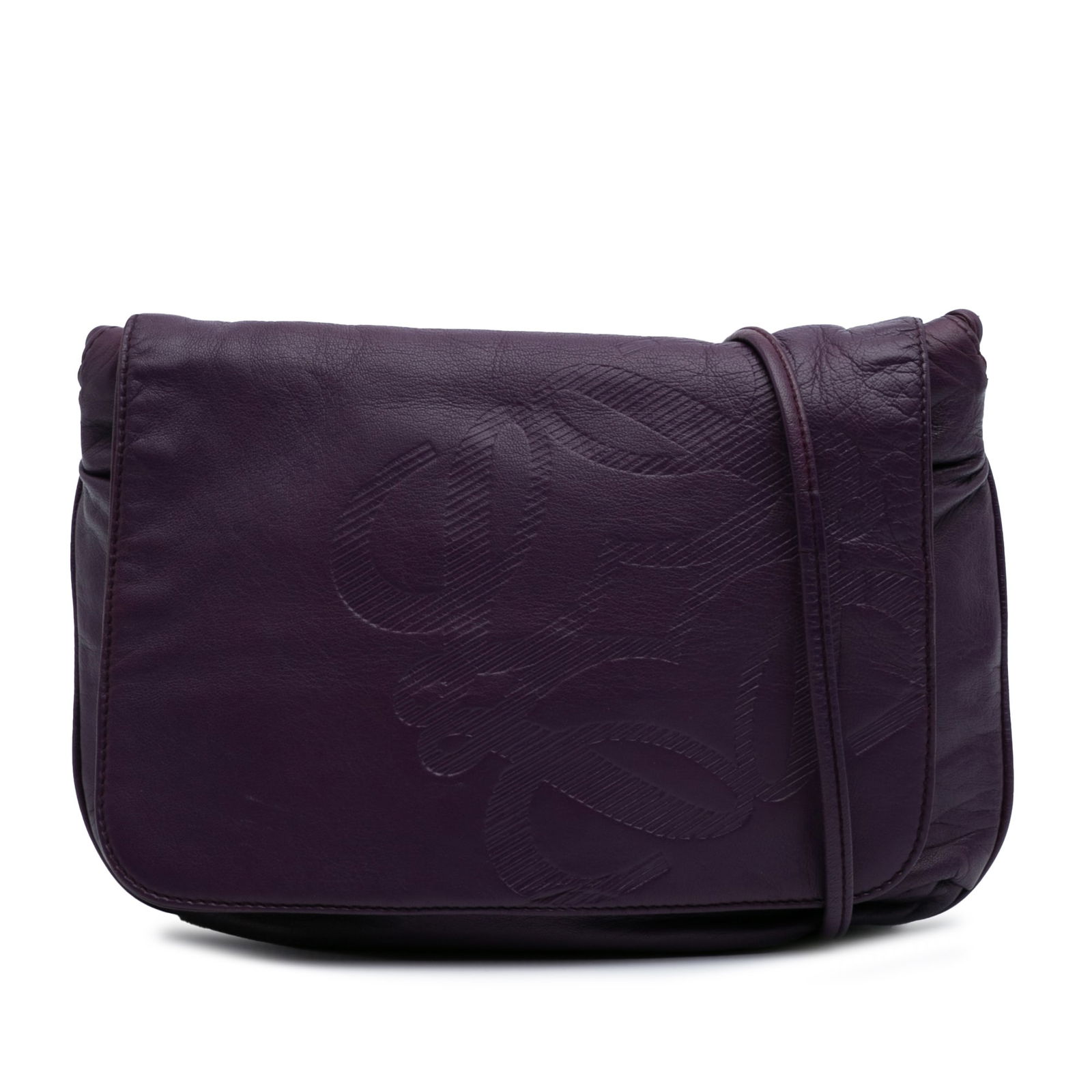 LOEWE Anagram Nappa Leather Crossbody Bag Purple: LOEWE Anagram Nappa Leather Crossbody Bag Purple This LOEWE Anagram Nappa Crossbody bag showcases a stylish and functional design crafted from premium nappa leather. It features a flat leather strap f