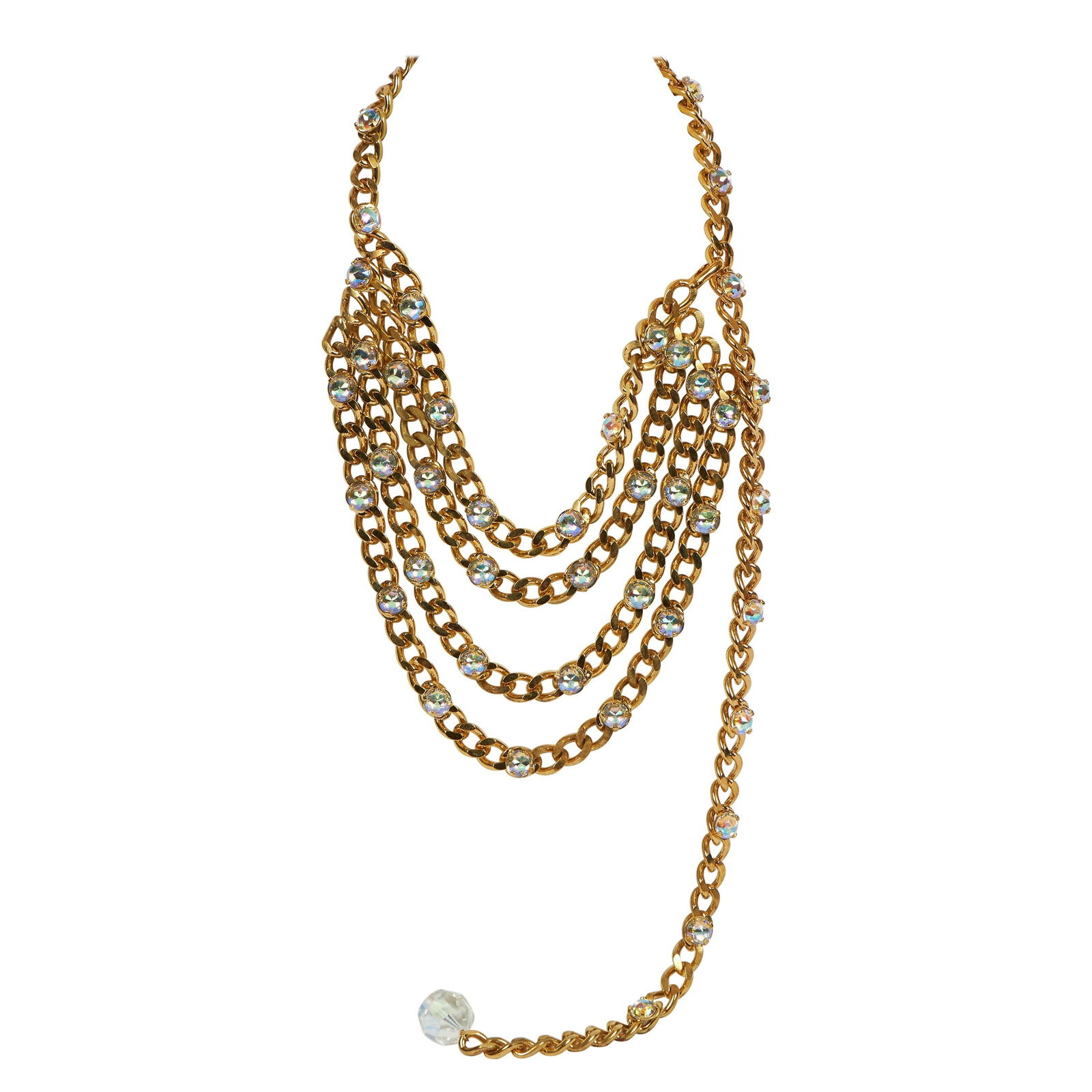 Vintage 1980s Chanel 4 Strand Gold Chain Rhinestone Necklace Belt: Vintage 1980s Chanel 4 Strand Gold Chain Rhinestone Necklace Belt This rare and collectible vintage Chanel piece from the 1980s features a stunning 4 strand gold chain adorned with rhinestones, offeri