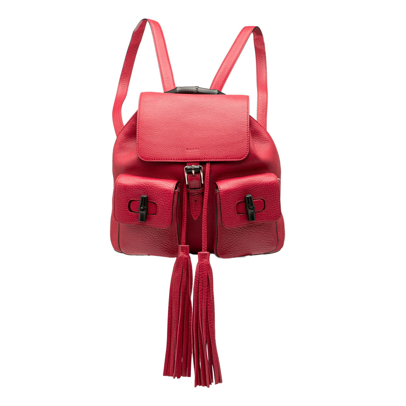 Gucci Pink Leather Bamboo Tassel Backpack with Flap Closure: Gucci Pink Leather Bamboo Tassel Backpack with Flap Closure The Gucci Leather Bamboo Tassel Backpack is a luxurious accessory crafted from high-quality leather, featuring a distinctive bamboo top hand