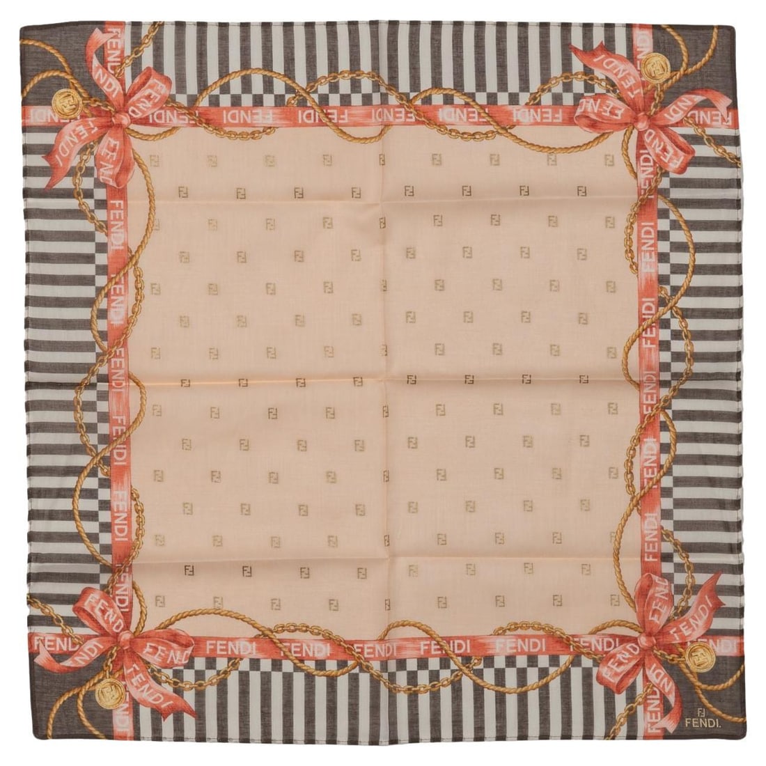 Fendi New Stripes Ribbon Cotton Gavroche 15 x 17.5 in: Fendi New Stripes Ribbon Cotton Gavroche 15 x 17.5 in Discover the elegance of the Fendi New Stripes Ribbon Cotton Gavroche, a stylish addition to your wardrobe. Crafted from high-quality cotton, this