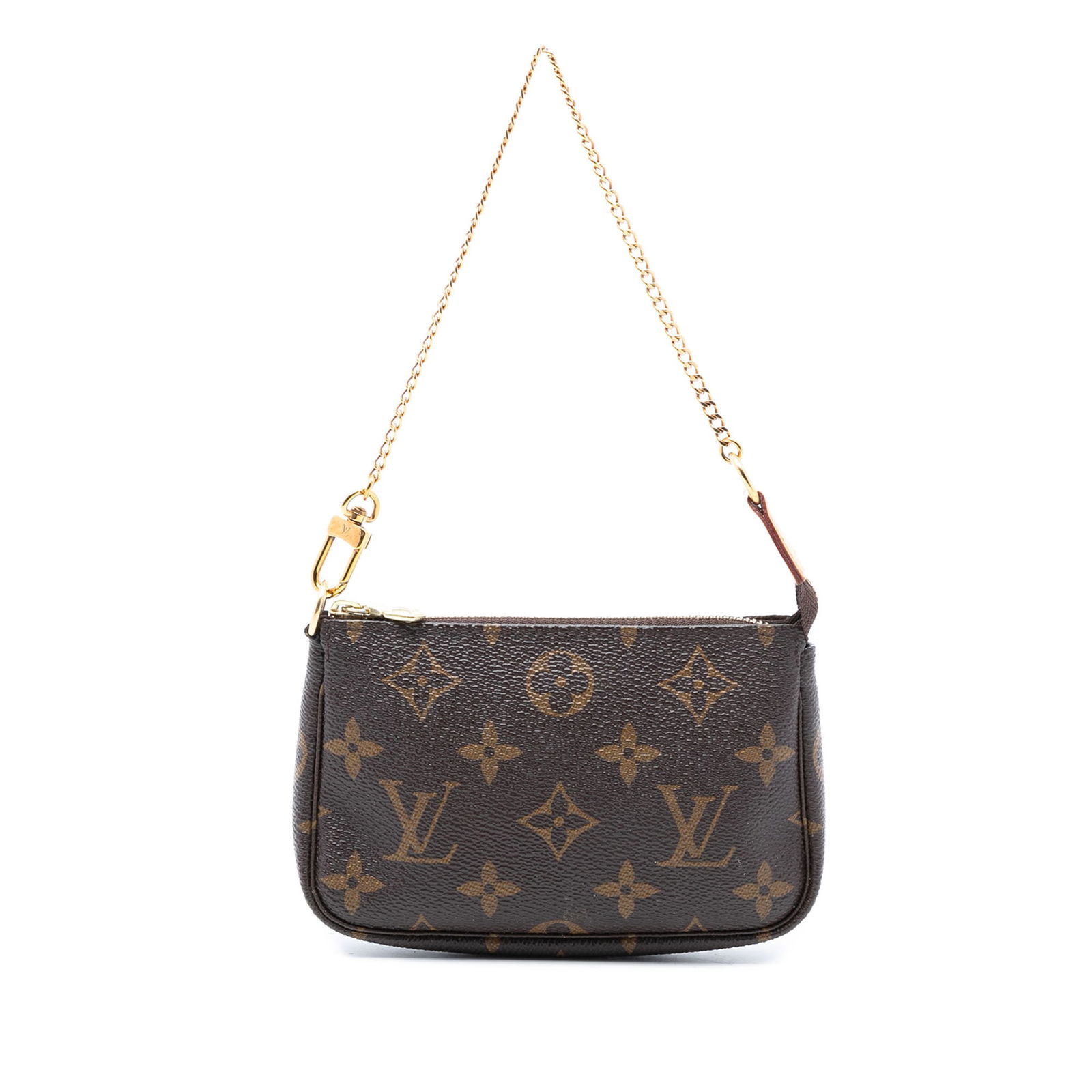 Louis Vuitton Monogram Canvas Mini Pochette Accessoires with Gold Tone Chain: Louis Vuitton Monogram Canvas Mini Pochette Accessoires with Gold Tone Chain This Louis Vuitton Mini Pochette Accessoires showcases the signature monogram canvas in brown, complemented by a gold-tone