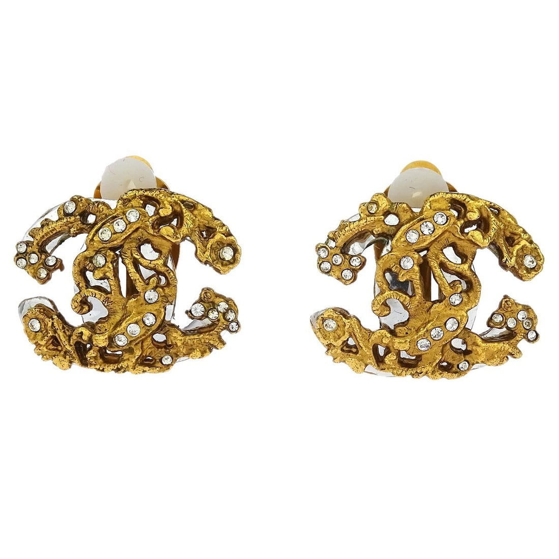 Chanel Gold Plated CC Logo Clip-On Earrings with Rhinestones 02A: Chanel Gold Plated CC Logo Clip-On Earrings with Rhinestones 02A These elegant Chanel Gold CC Earrings feature a classic clip-on design adorned with sparkling rhinestones. Crafted from gold-plated met