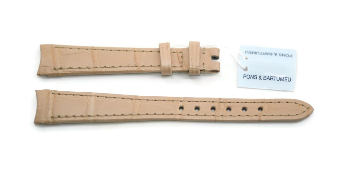 Bulgari Authentic Beige Leather Two-Piece Watch Strap 14mm: Bulgari Authentic Beige Leather Two-Piece Watch Strap 14mm Enhance your timepiece with this elegant Bulgari beige leather strap. Designed as a two-piece wristwatch band, it features a stylish beige co