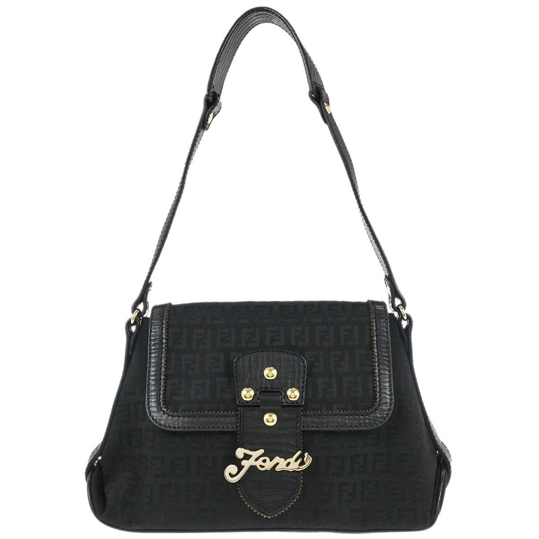Fendi Zucchino Canvas Black Shoulder Handbag with Logo Accent: Fendi Zucchino Canvas Black Shoulder Handbag with Logo Accent This Fendi Black Zucchino shoulder bag features a classic canvas exterior with the signature logo accents. The bag has a magnetic closure