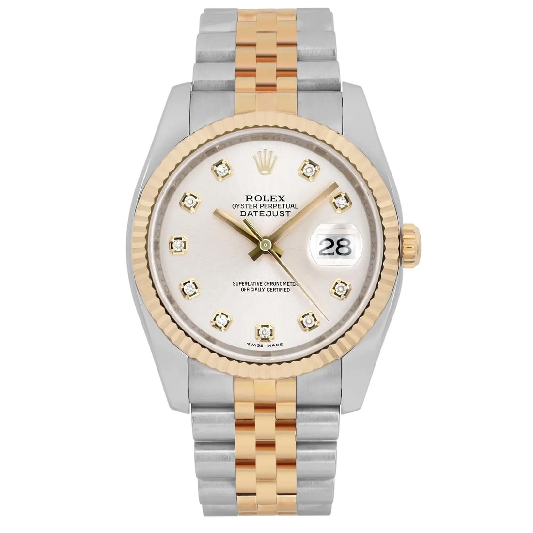 Rolex Datejust 36mm Automatic Mens Watch Silver Diamond Dial 116233: Rolex Datejust 36mm Automatic Mens Watch Silver Diamond Dial 116233 Introducing the Rolex Datejust, a luxurious 36mm wristwatch crafted in Switzerland, featuring a stunning silver sunburst dial adorne