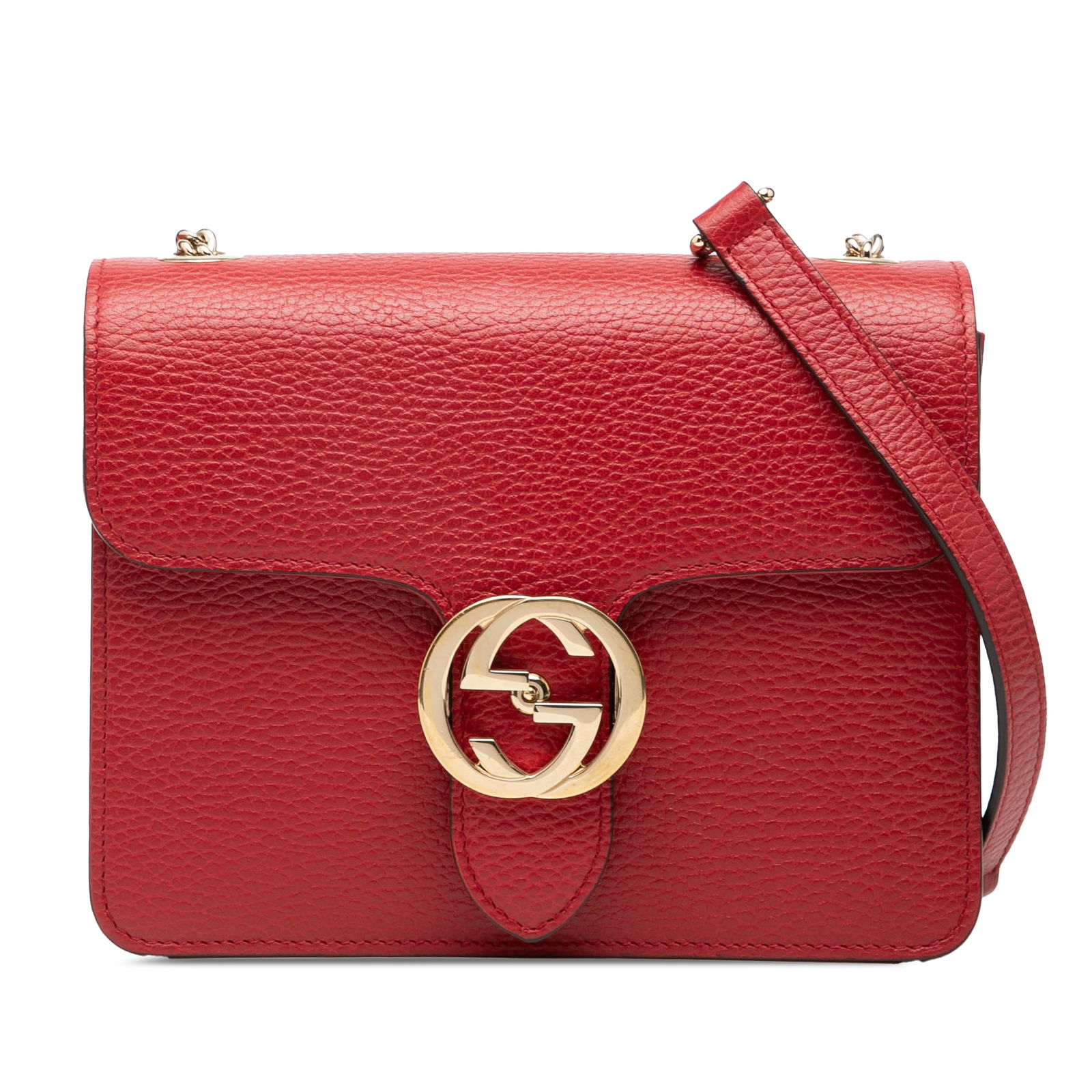 Gucci Interlocking G Red Leather Small Crossbody Bag with Chain Strap: Gucci Interlocking G Red Leather Small Crossbody Bag with Chain Strap This crossbody bag features a red leather body, a chain-link shoulder strap with a leather shoulder guard, a front flap with a sna
