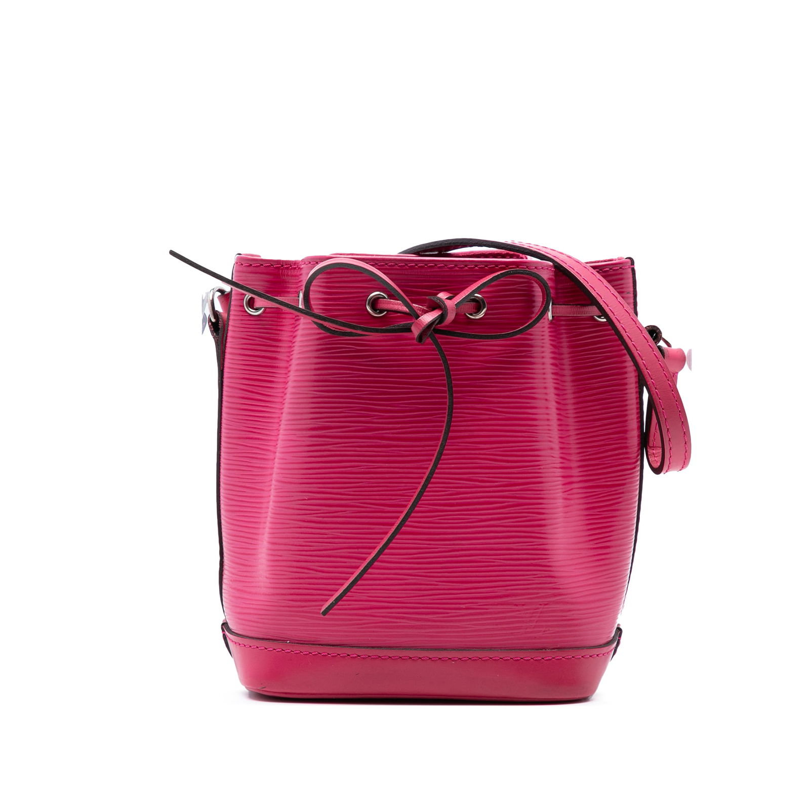 Pink Epi Leather Nano Noe Shoulder Bag by Louis Vuitton: Pink Epi Leather Nano Noe Shoulder Bag by Louis Vuitton This Louis Vuitton Epi Nano Noe bag features a pink epi leather body, an adjustable flat leather shoulder strap, and an open top with a drawstri