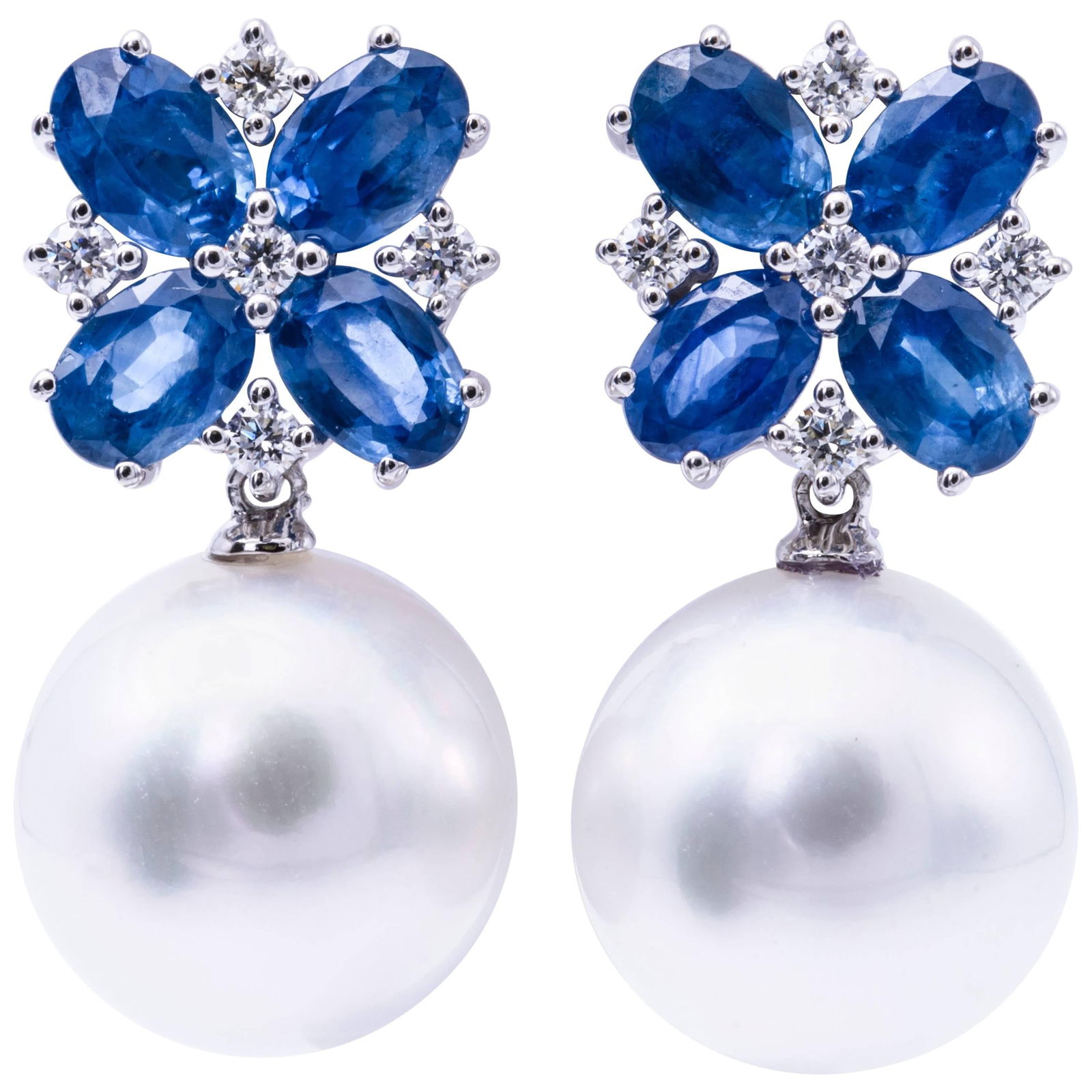 Harbor Diamonds South Sea Pearl Diamond Sapphire Earrings 18K Gold 4.92 CTTW: Harbor Diamonds South Sea Pearl Diamond Sapphire Earrings 18K Gold 4.92 CTTW Elevate your elegance with these stunning South Sea Pearl Drop Earrings, crafted from 18kt white gold. These contemporary e