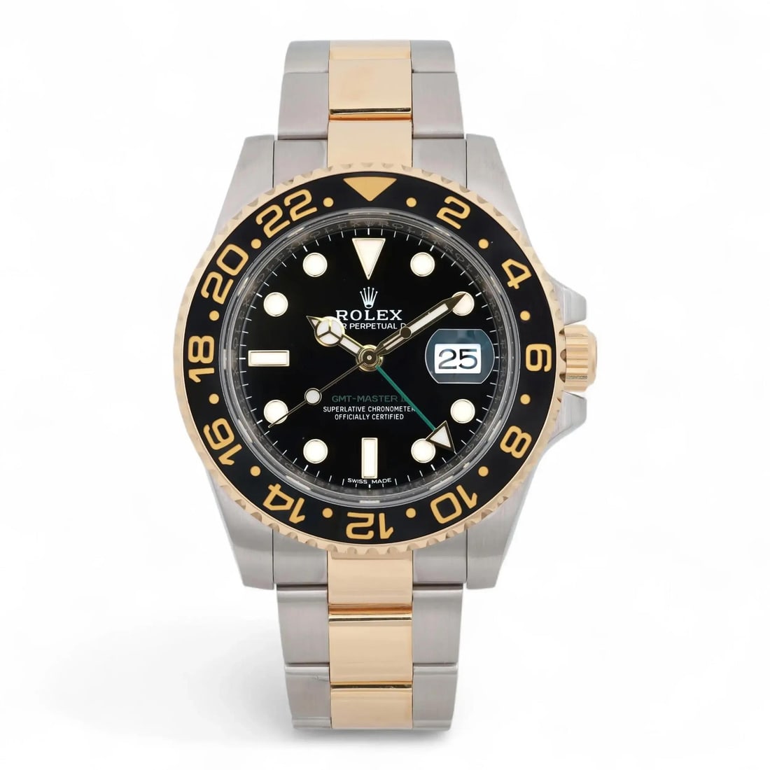 Rolex GMT Master II 40MM 18K Yellow Gold Steel Black Dial Luxury Watch: Rolex GMT Master II 40MM 18K Yellow Gold Steel Black Dial Luxury Watch Experience luxury with this stunning Rolex GMT Master II wristwatch, featuring a 40MM round case crafted from stainless steel and