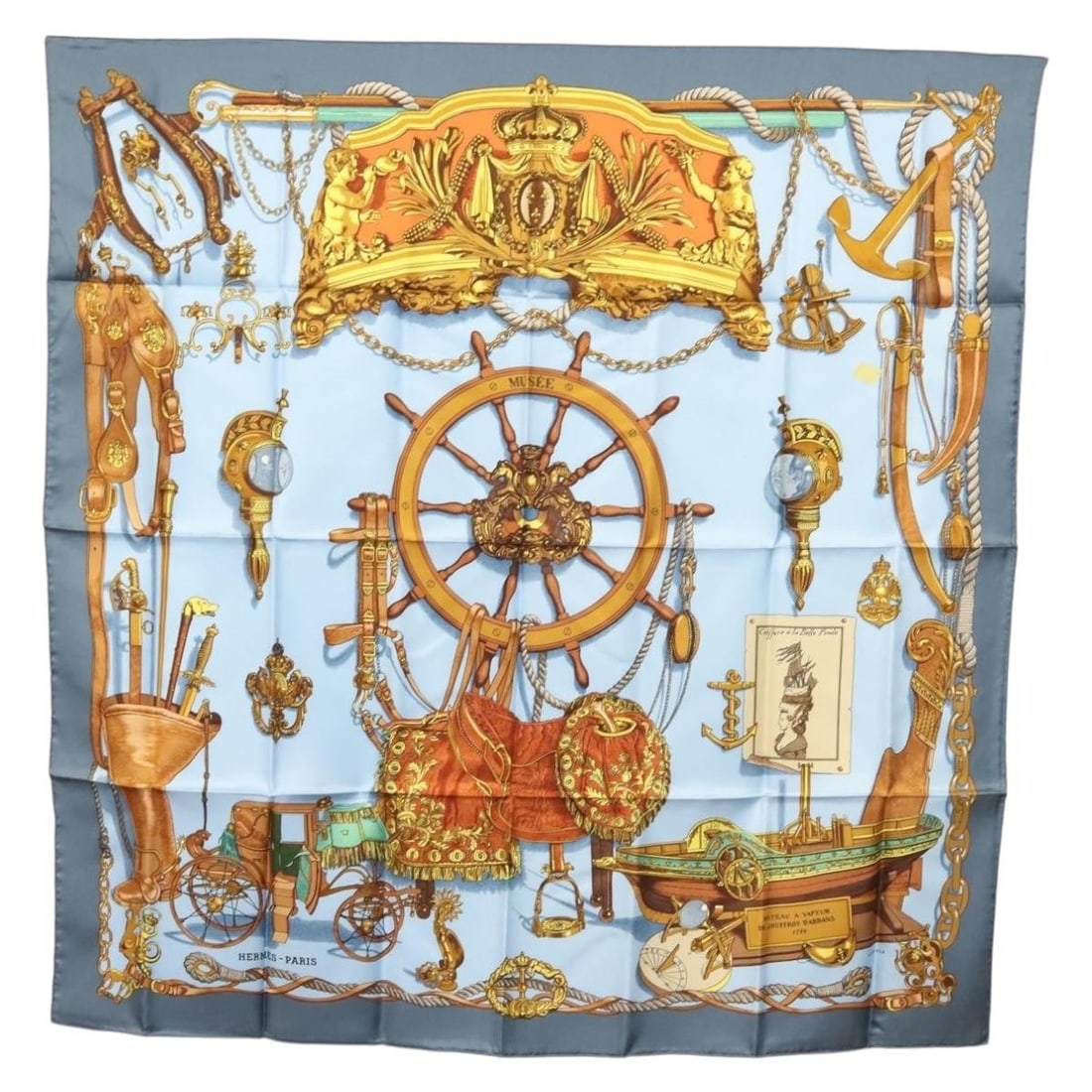 HERMES Carre 90 Silk Scarf Bateau a Vapeur de Jouffroy Dabbans 1784 Auth 133641 (1 of 15)