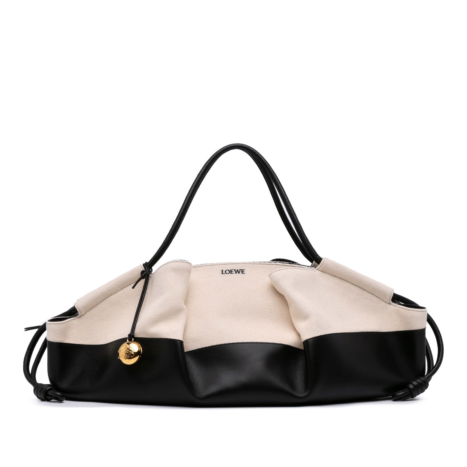 LOEWE XL Shiny Calfskin Canvas Paseo Satchel Black Spain: LOEWE XL Shiny Calfskin Canvas Paseo Satchel Black Spain Introducing the LOEWE XL Shiny Calfskin and Canvas Paseo Satchel, a stunning blend of luxury and practicality. This elegant satchel features a