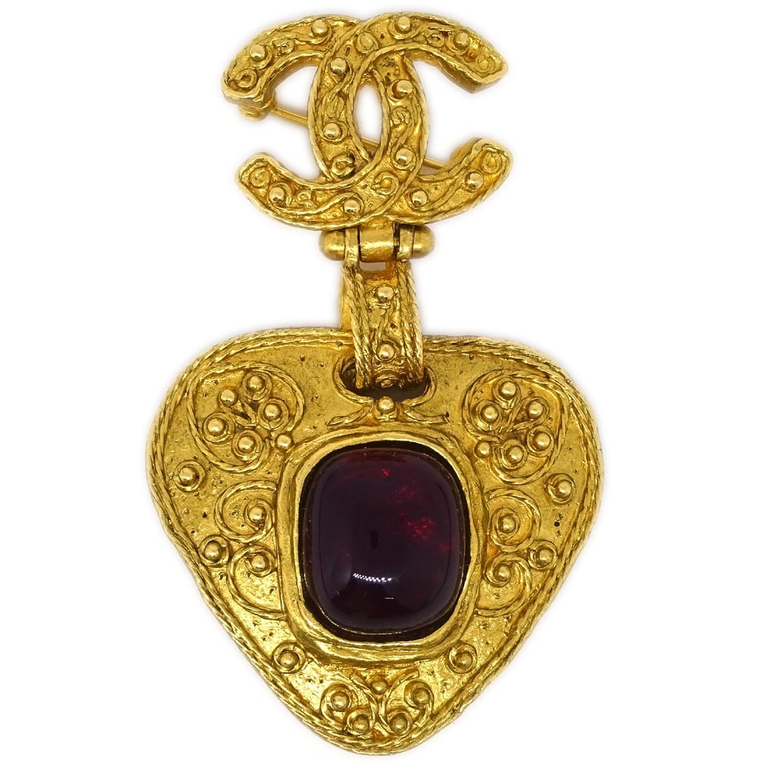 Chanel 94A Gold Plated Gripoix Brooch with Red Accent: Chanel 94A Gold Plated Gripoix Brooch with Red Accent This exquisite Chanel Gripoix Brooch Pin features a stunning gold-plated finish, perfectly complemented by vibrant red accents. The brooch is a ha