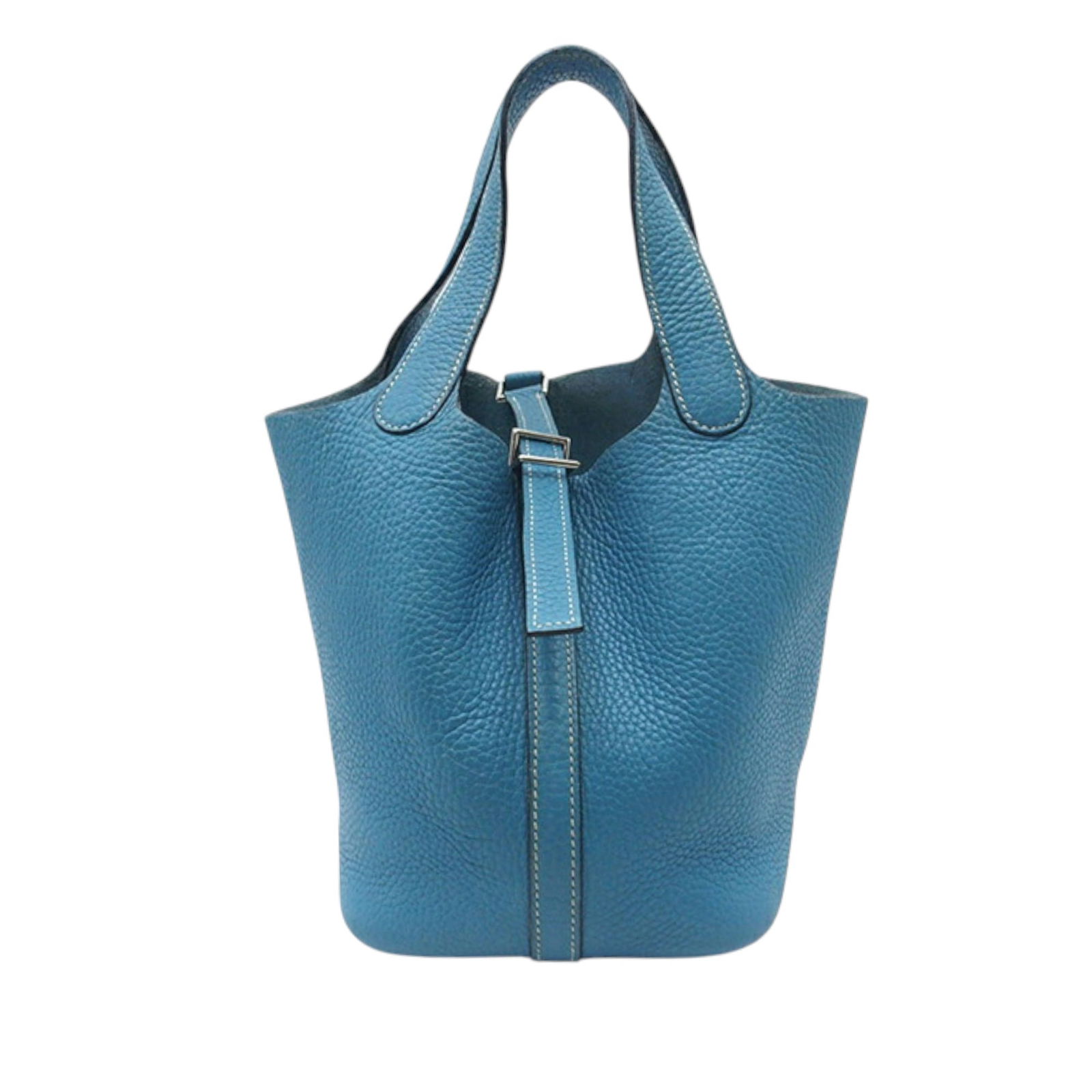 Hermes Clemence Picotin 18 Blue Jean Leather Bag: Hermes Clemence Picotin 18 Blue Jean Leather Bag Introducing the Hermes Clemence Picotin 18, a stylish and functional bag crafted from premium Clemence leather in a striking Blue Jean color. This bag