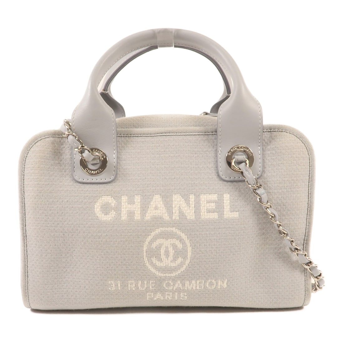 CHANEL Grey Blue Canvas 2 Way Deauville Bowling Bag: CHANEL Grey Blue Canvas 2 Way Deauville Bowling Bag This CHANEL CC SHW Deauville Bowling 2 Way Bag is a stylish and versatile accessory crafted from durable canvas in a sophisticated gray hue. Designe