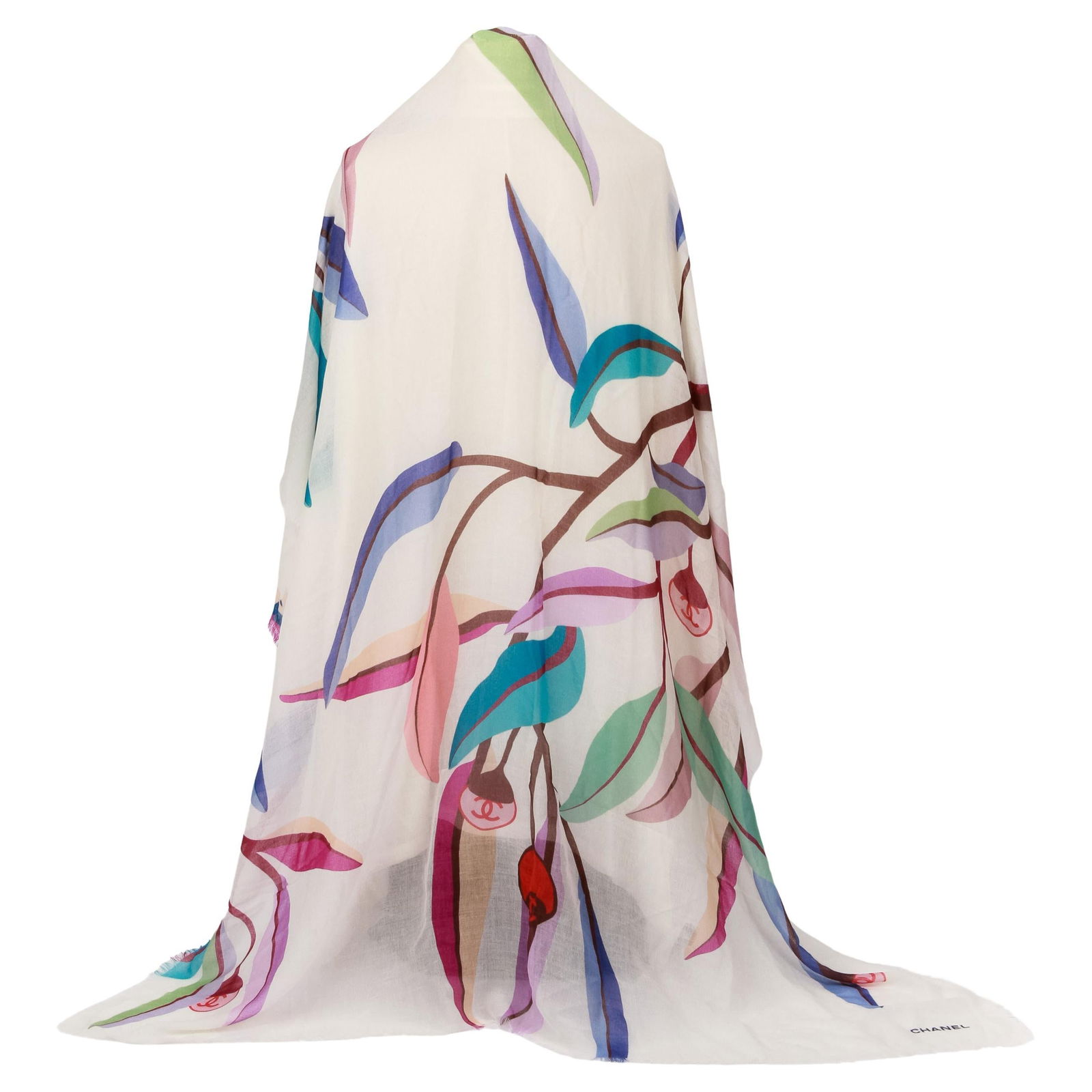 Chanel White Multicolor Leaves Cashmere Silk Shawl 52x52 (1 of 4)