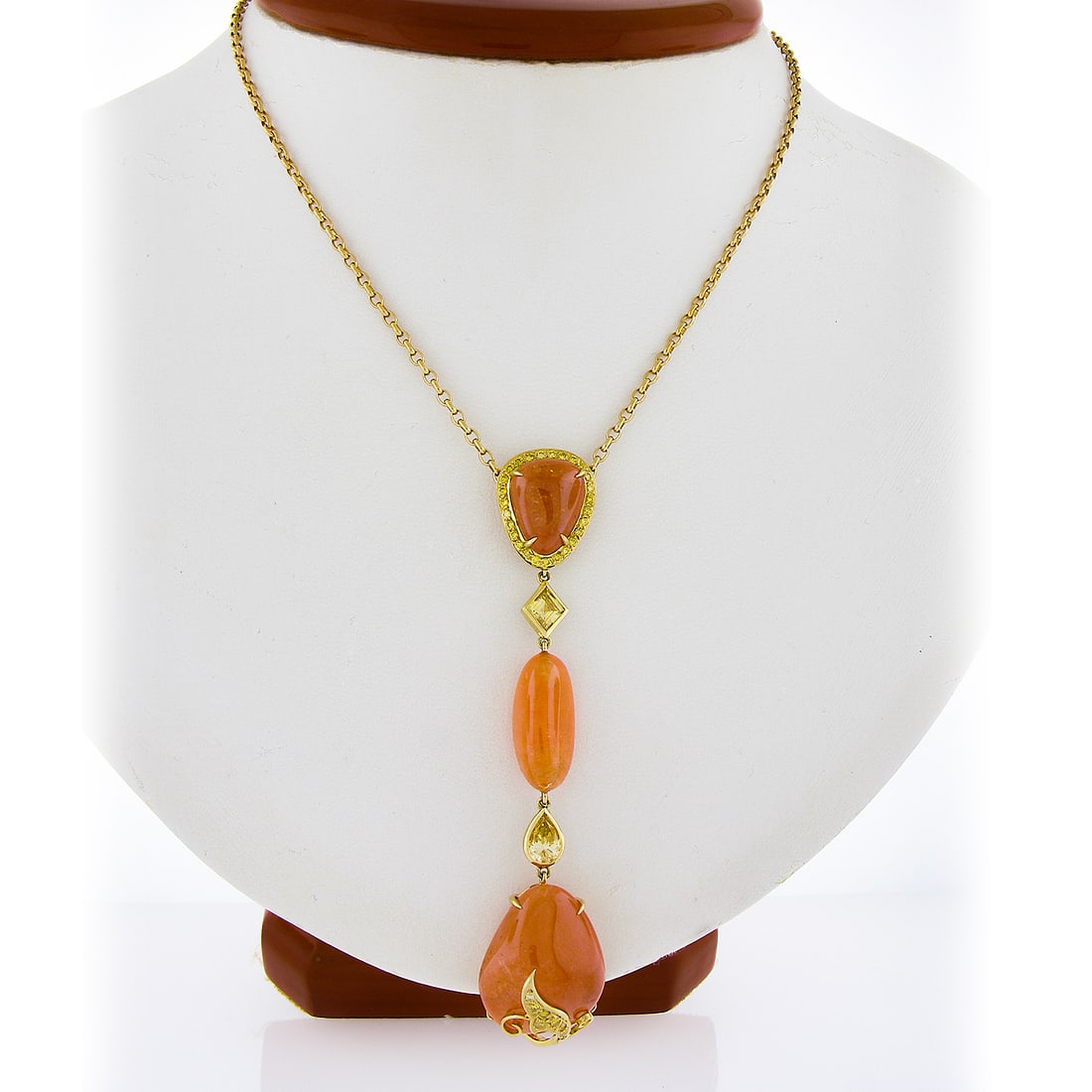 Laura Munder 18K Gold Mandarin Garnet Diamond Pendant Necklace Adjustable Chain (1 of 7)