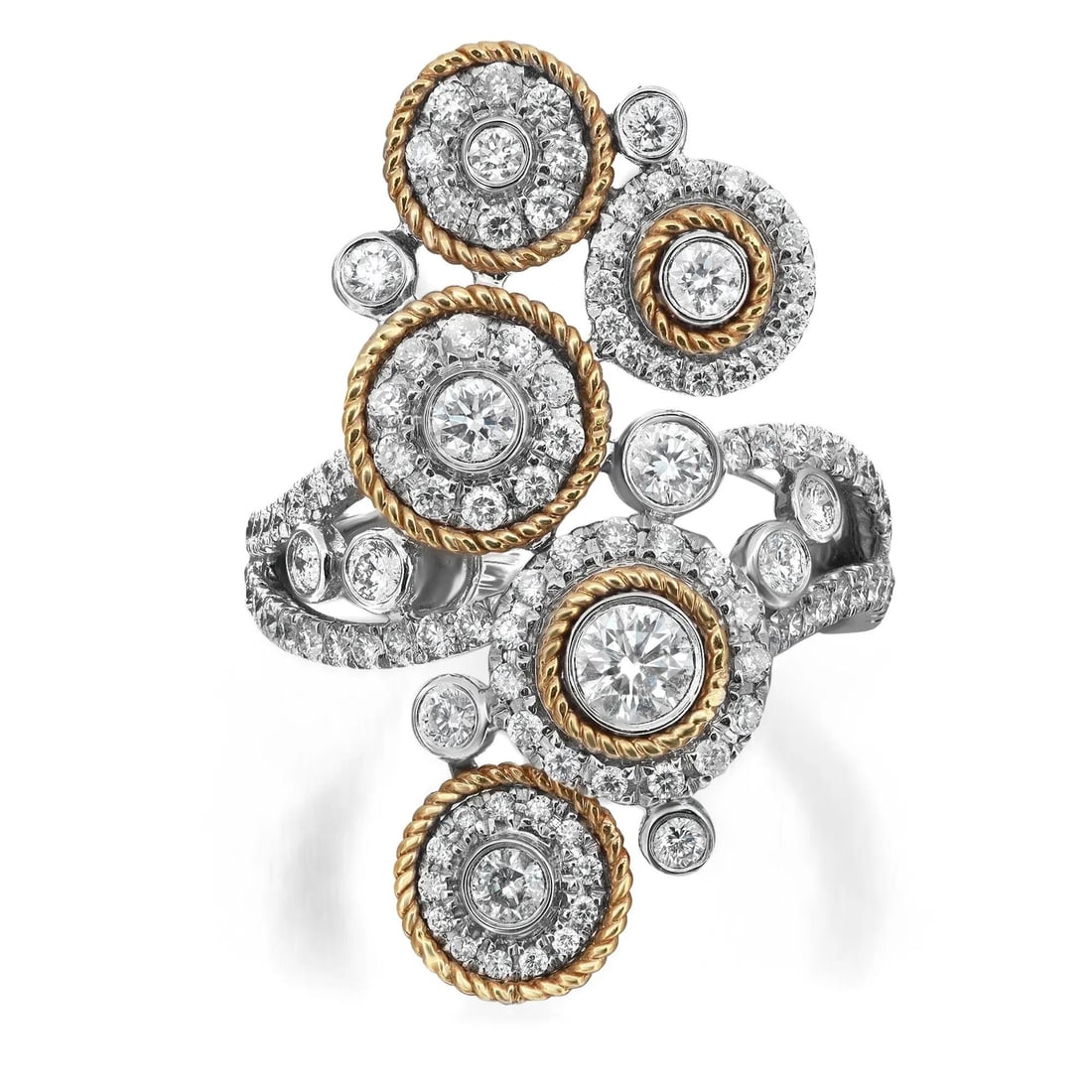Rachel Koen 18K Gold Diamond Cocktail Ring 1.72Cttw Size 6: Rachel Koen 18K Gold Diamond Cocktail Ring 1.72Cttw Size 6 Make a statement with this exquisite Round Cut Diamond Two Tone Circular Cocktail Ring. Crafted from high-polished 18K white and yellow gold,