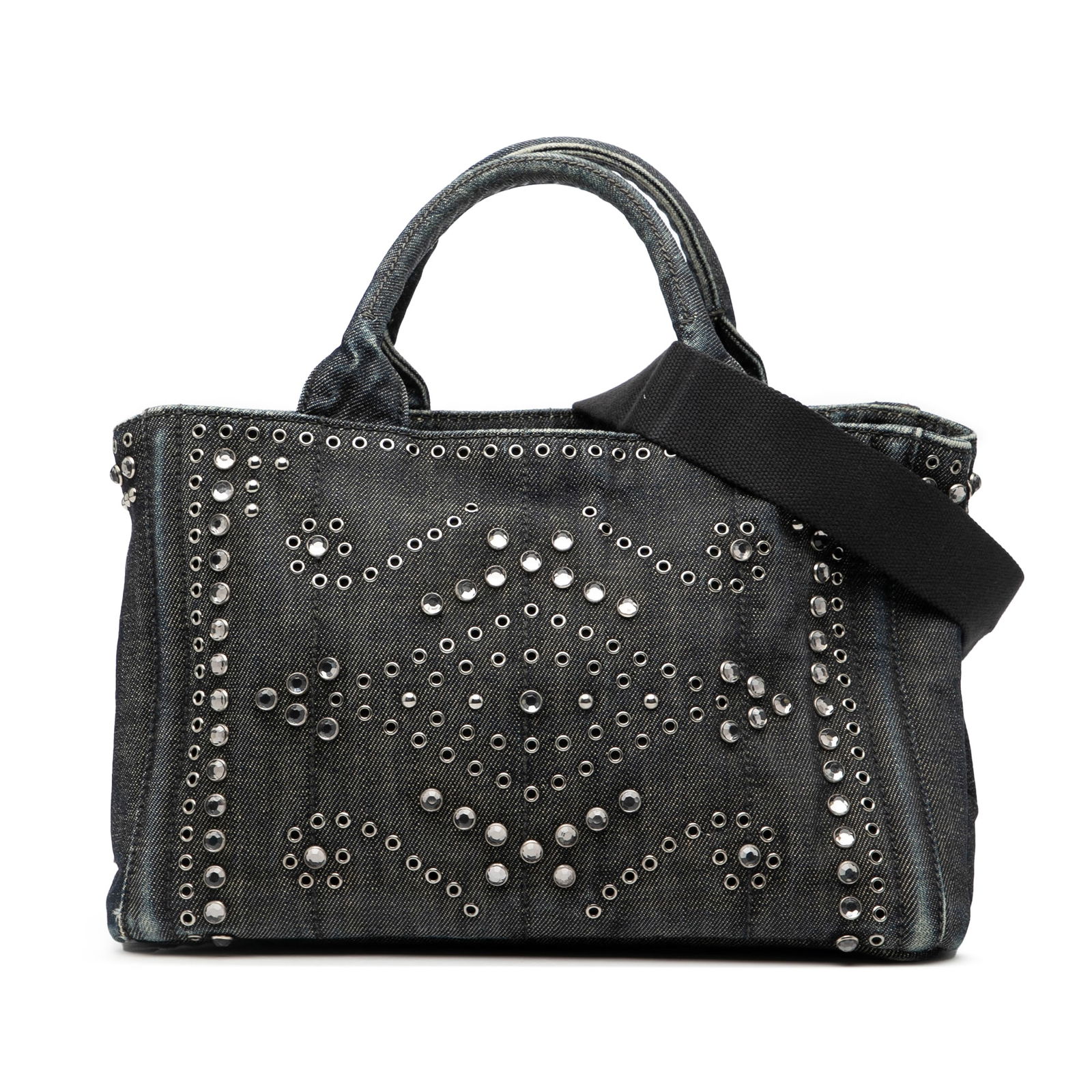 Prada Canapa Denim Blue Satchel with Stud and Grommet Details: Prada Canapa Denim Blue Satchel with Stud and Grommet Details This Prada Small Denim Canapa Bijoux and Grommet Satchel features a studded blue denim body with rolled top handles and a detachable flat