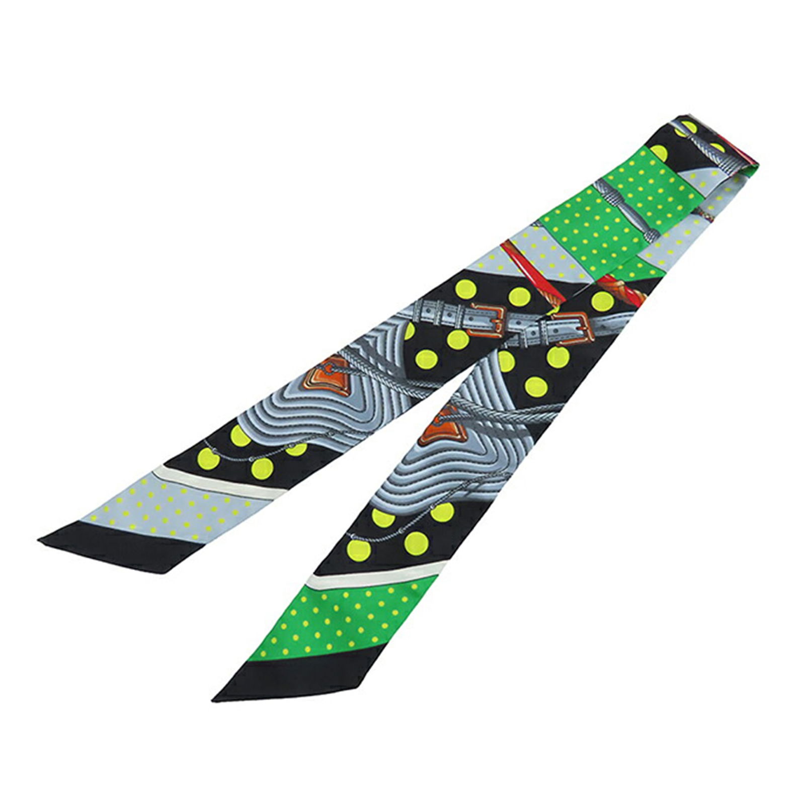 Hermes Clic Clac a Pois Green Silk Twilly Scarf: Hermes Clic Clac a Pois Green Silk Twilly Scarf Elevate your accessory collection with the Hermes Clic Clac a Pois Silk Twilly Scarf. This exquisite scarf is crafted from 100% silk and showcases the d