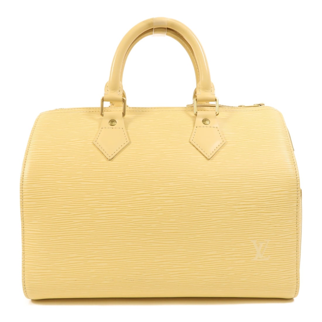 Louis Vuitton Speedy 25 Yellow Epi Leather Handbag with Gold Hardware: Louis Vuitton Speedy 25 Yellow Epi Leather Handbag with Gold Hardware This Louis Vuitton Speedy 25 handbag features light yellow Epi leather and gold-tone hardware. It offers a structured silhouette w