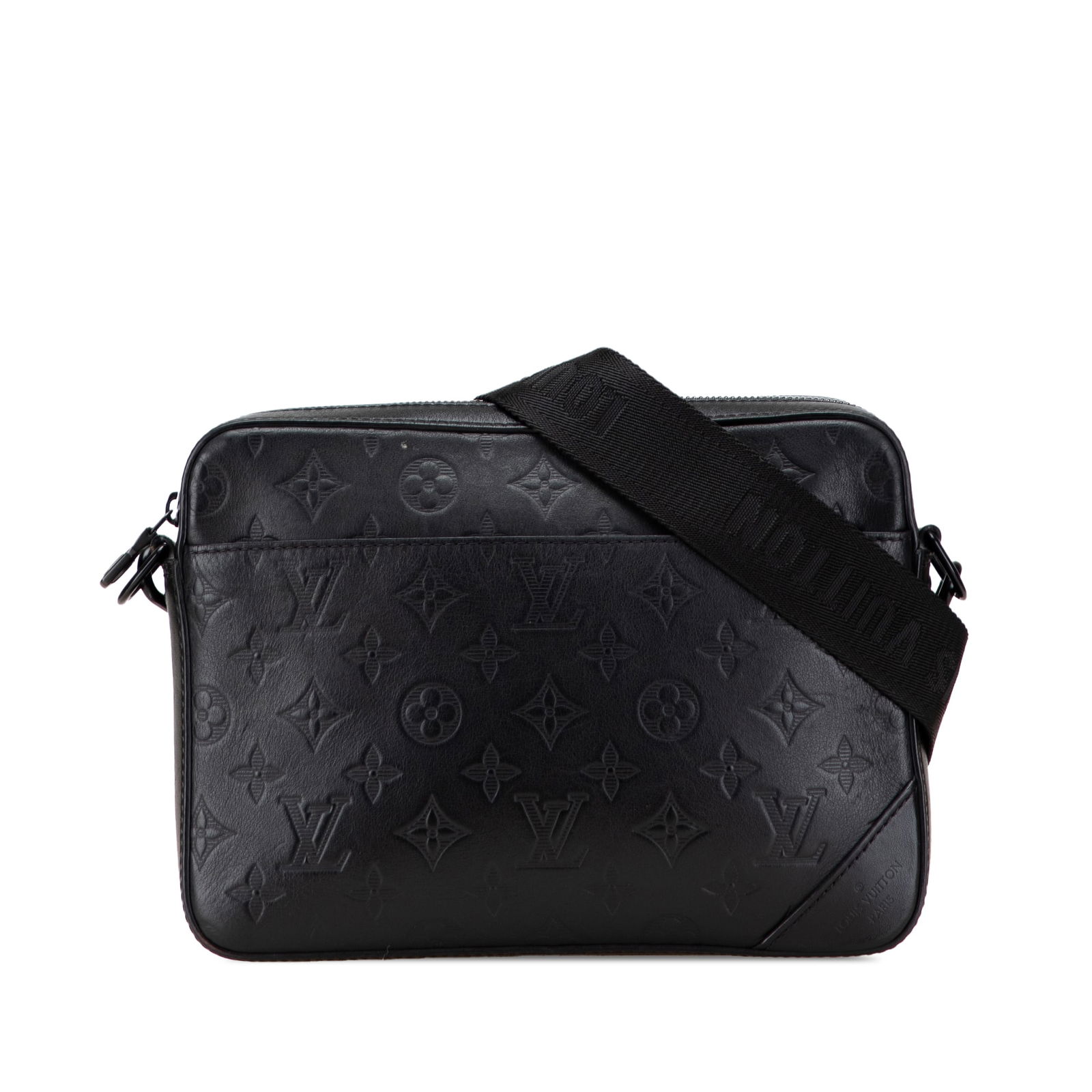 Black Leather Duo Messenger Bag by Louis Vuitton Monogram Shadow: Black Leather Duo Messenger Bag by Louis Vuitton Monogram Shadow This Louis Vuitton Monogram Shadow Duo Messenger features a black monogram leather body with a flat adjustable strap, top zip closure,