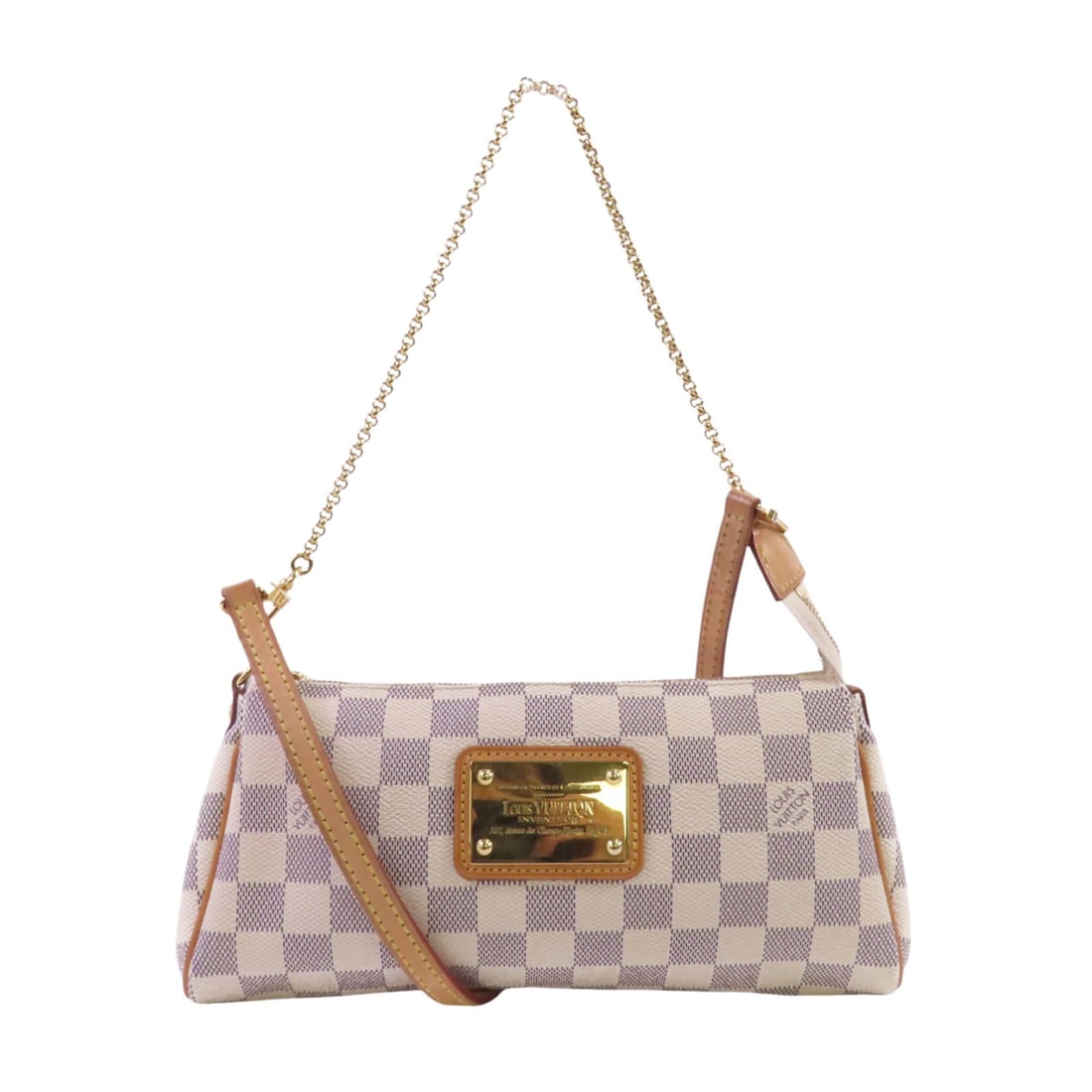 LOUIS VUITTON Eva Handbag Damier Azur White GHW N55214: LOUIS VUITTON Eva Handbag Damier Azur White GHW N55214 This stylish Louis Vuitton Eva Handbag is crafted from durable PVC coated canvas in a pristine white color. Designed as a versatile 2-way shoulde