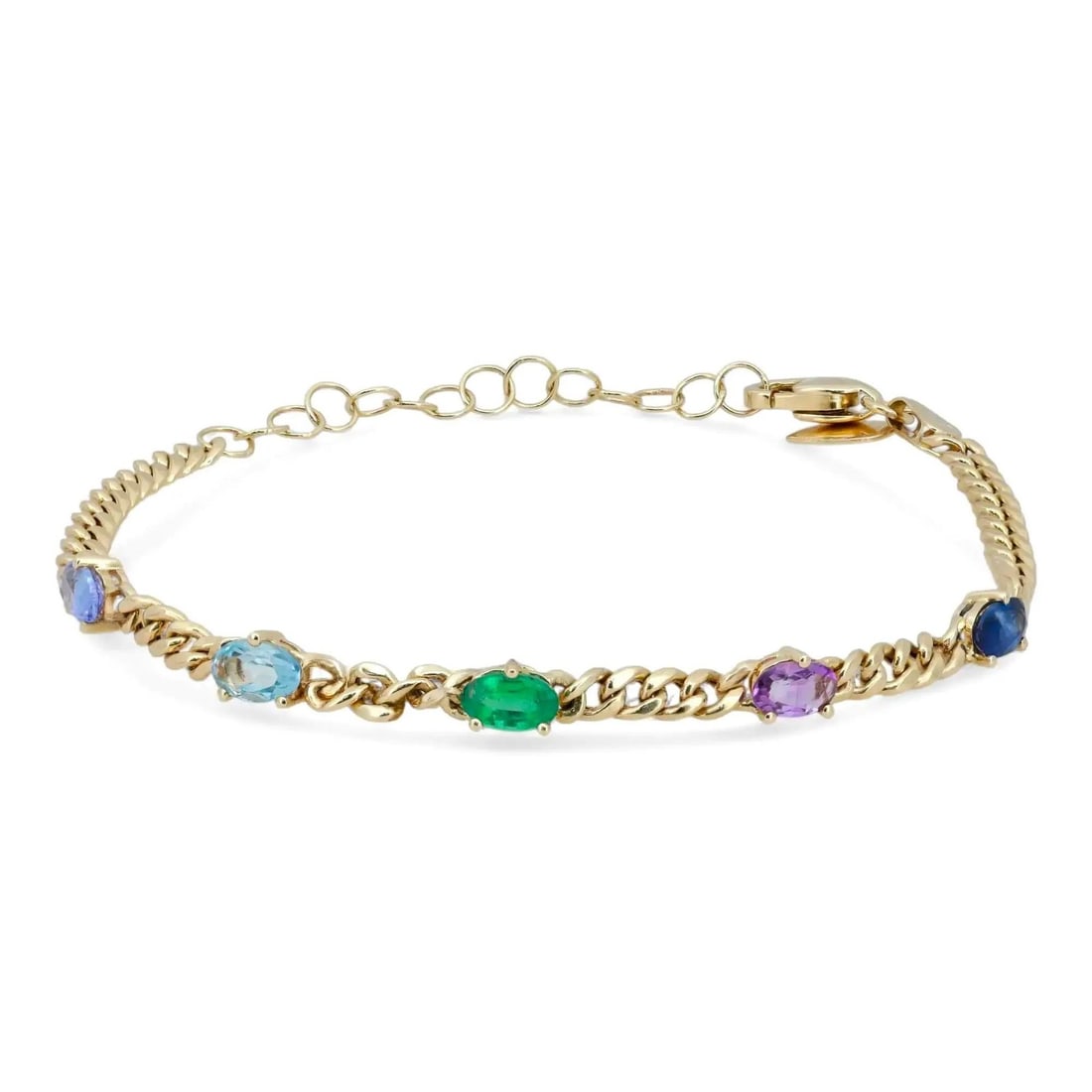 14k Yellow Gold Meira T Bracelet with Oval Multicolor Sapphires: 14k Yellow Gold Meira T Bracelet with Oval Multicolor Sapphires This Meira T chain bracelet is crafted in 14k yellow gold and features five natural oval-shaped sapphires in various colors, prong set a