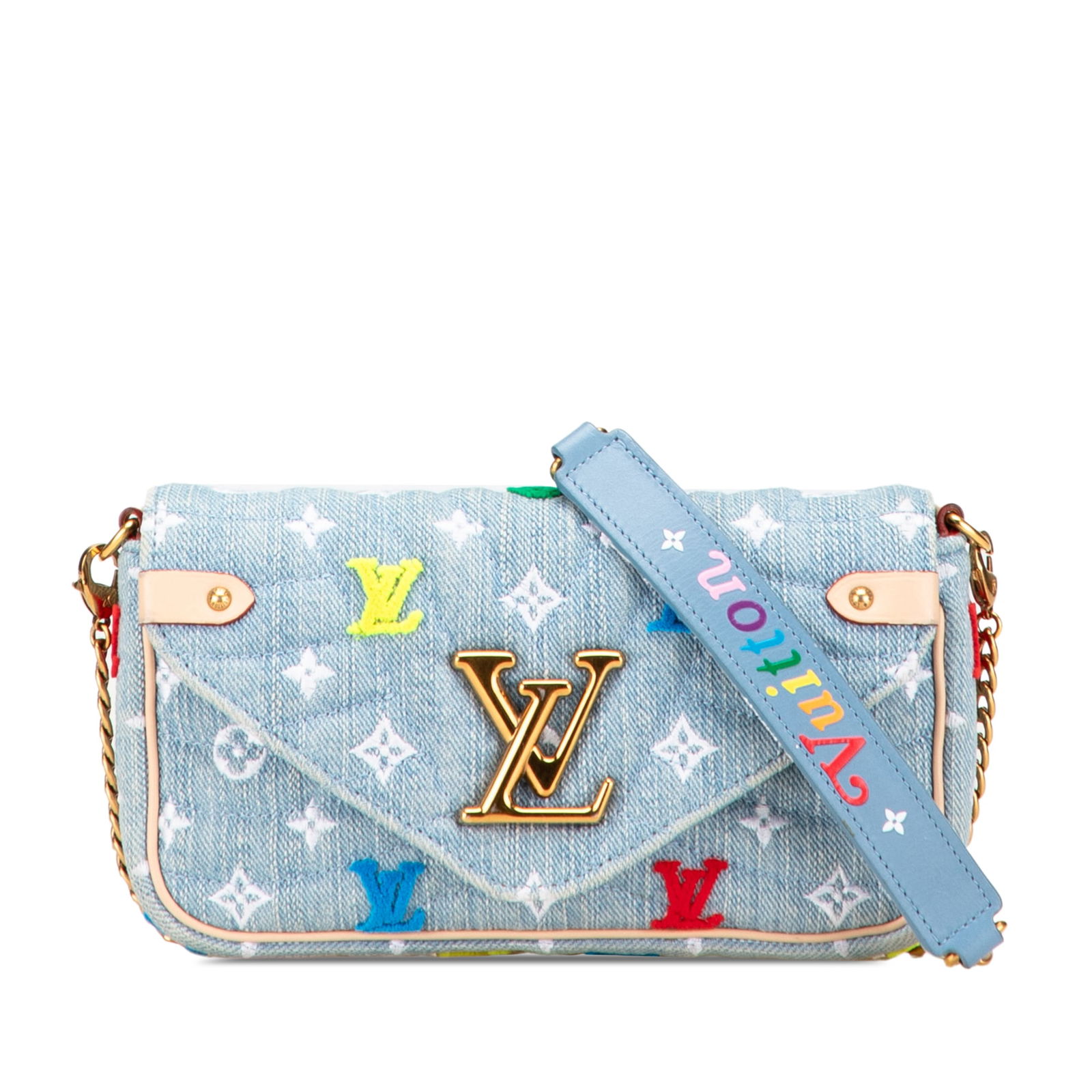 Louis Vuitton New Wave Chain Pochette Denim Bag Blue: Louis Vuitton New Wave Chain Pochette Denim Bag Blue Introducing the Louis Vuitton Embroidered Monogram Denim New Wave Chain Pochette, a stylish and functional accessory crafted from quilted monogram