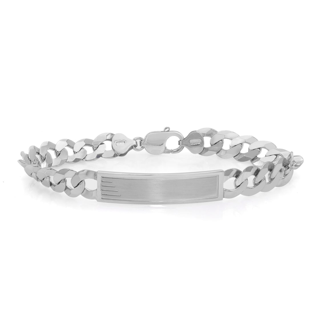 Personalized 925 Sterling Silver Cuban Link ID Bracelet by Rachel Koen: Personalized 925 Sterling Silver Cuban Link ID Bracelet by Rachel Koen Elevate your style with this personalized Cuban link chain ID bracelet, expertly crafted from 925 sterling silver. This striking