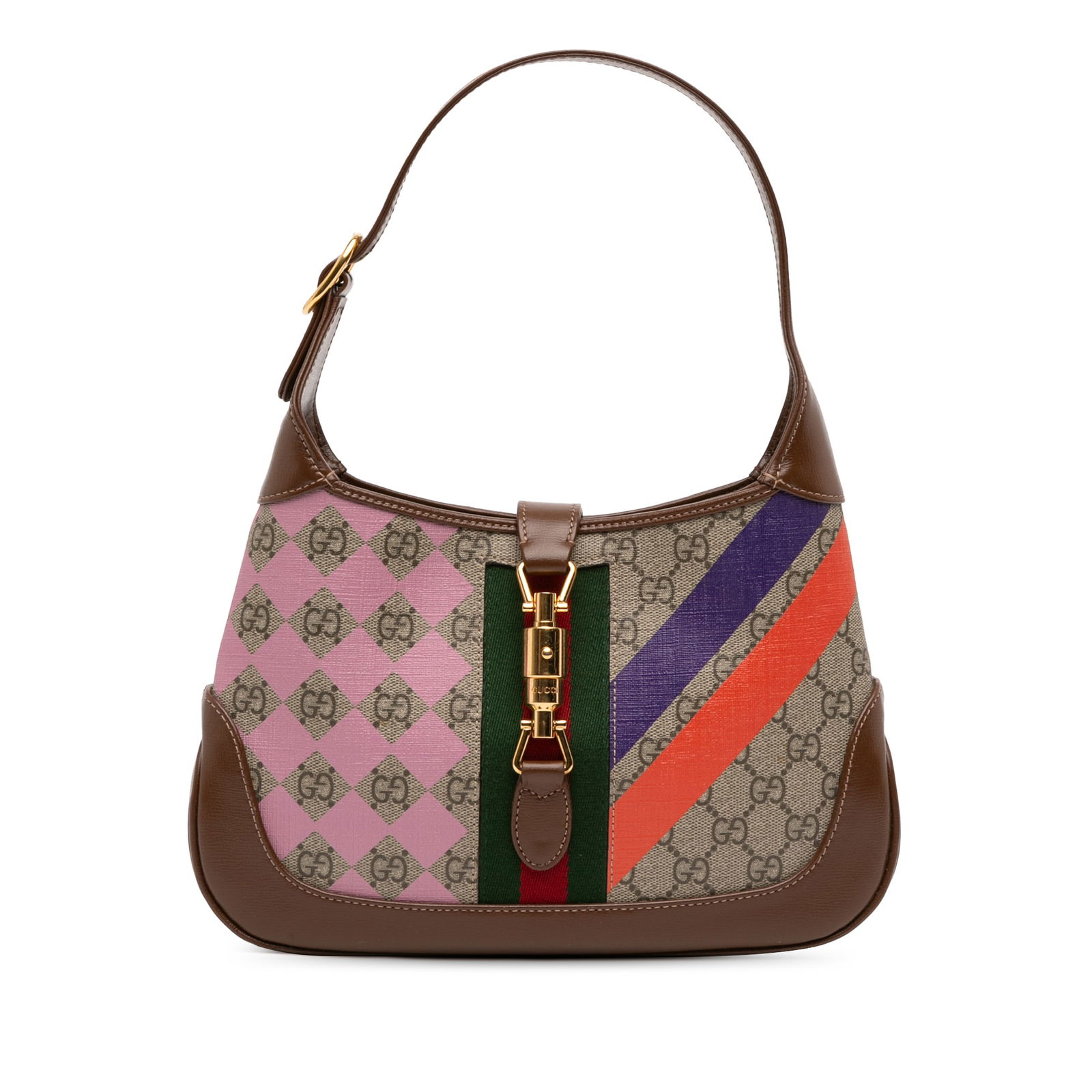 Gucci Jackie 1961 Small GG Supreme Web Crossbody Bag: Gucci Jackie 1961 Small GG Supreme Web Crossbody Bag Introducing the Gucci Small GG Supreme Web Geometric Jackie 1961 Crossbody, a stylish and functional bag crafted from coated canvas with leather tr