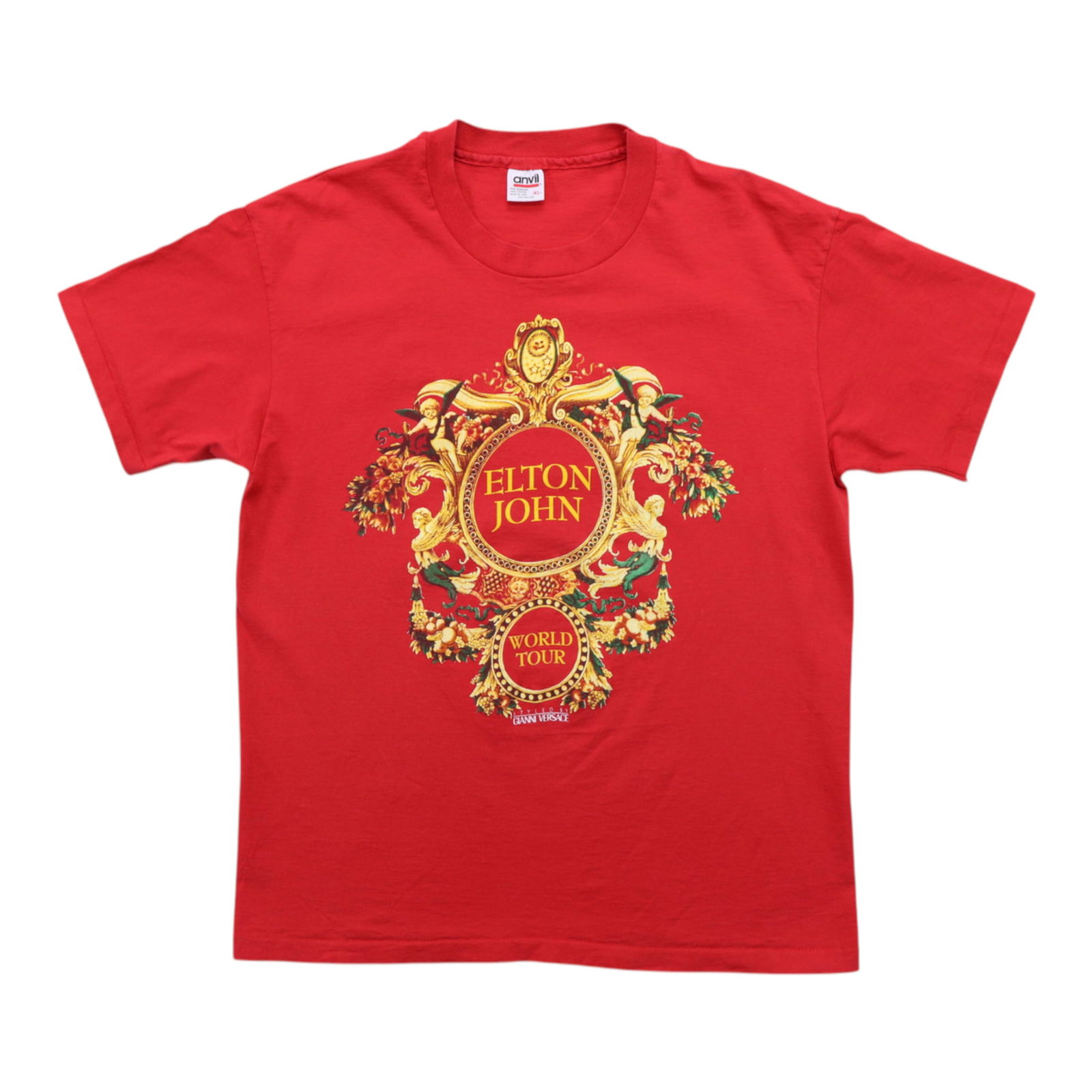 1992 Elton John Versace Vintage Cotton Tour Shirt Red: 1992 Elton John Versace Vintage Cotton Tour Shirt Red This original vintage 1992 Elton John Versace Tour Shirt is a unique collector's item for fans and fashion enthusiasts alike. Crafted from 100% co