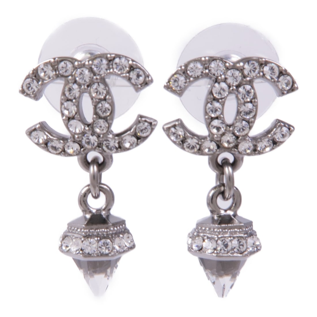 CHANEL CC Logo Silver Tone Pierced Earrings (1 of 8)