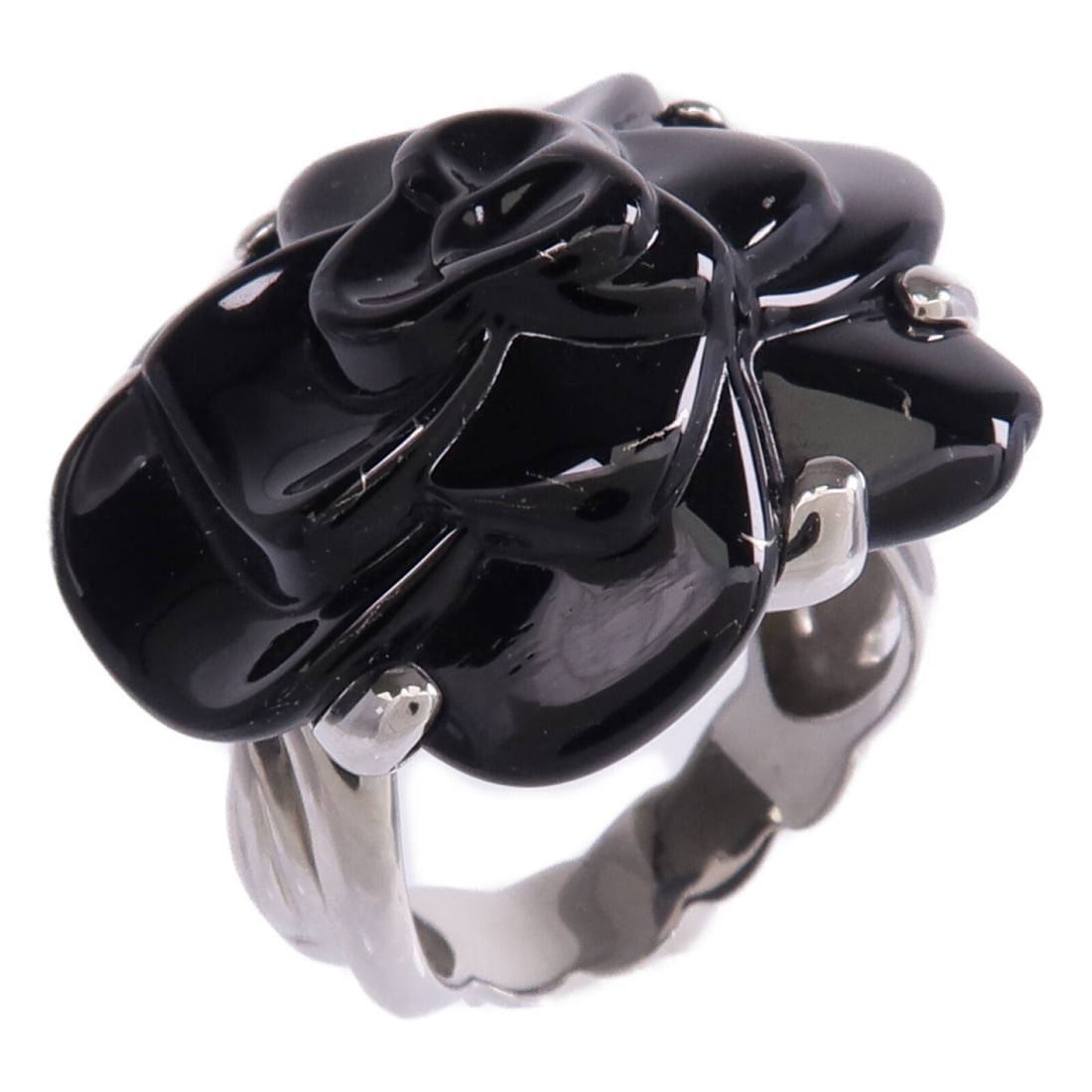 Onyx Camellia Motif Ring in 18K White Gold by CHANEL Size 5.75 (1 of 10)