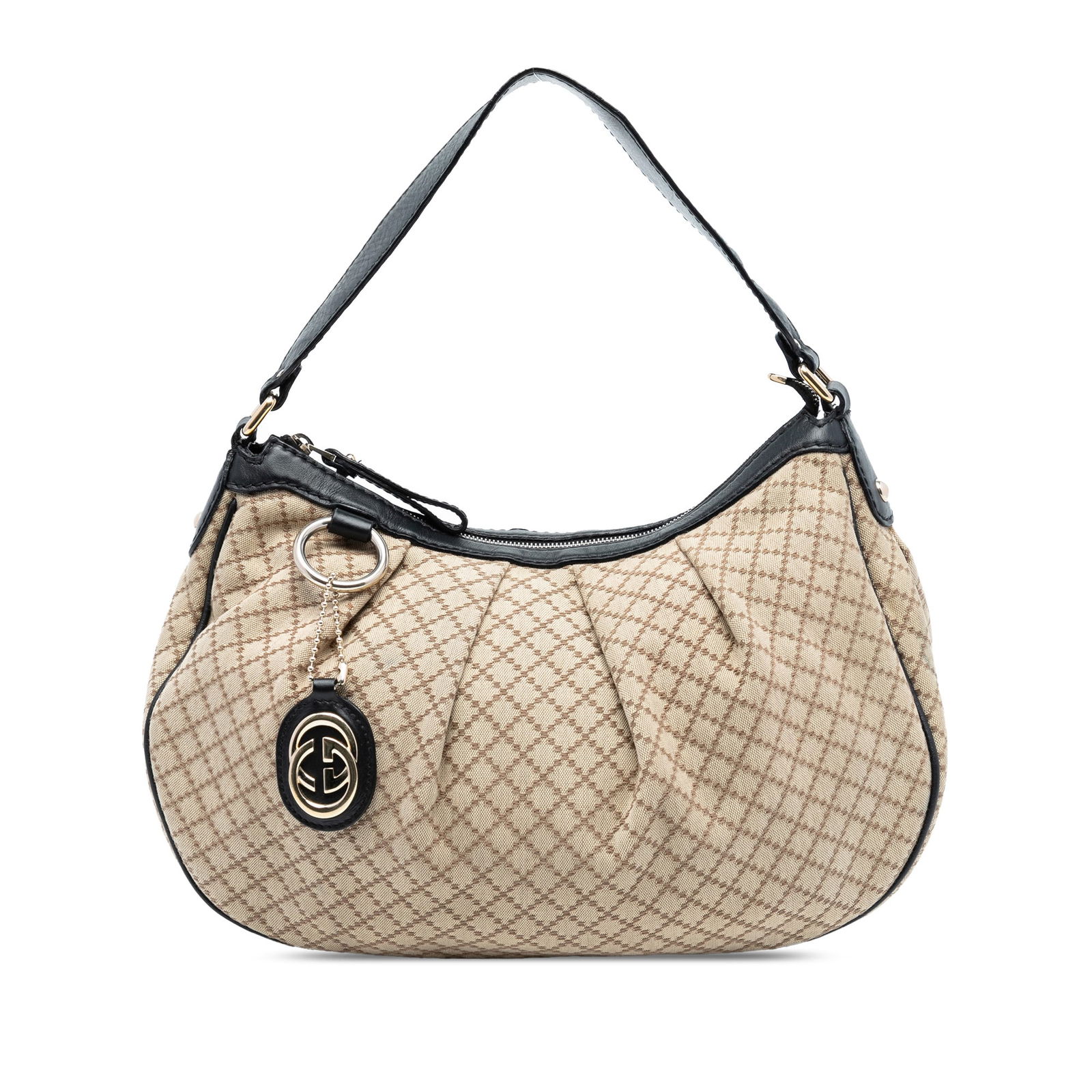 Brown Sukey Shoulder Purse in Diamante Canvas by Gucci with Leather Trim: Brown Sukey Shoulder Purse in Diamante Canvas by Gucci with Leather Trim This Gucci Sukey shoulder bag features the signature Diamante canvas with leather trim, complemented by a flat leather strap. T