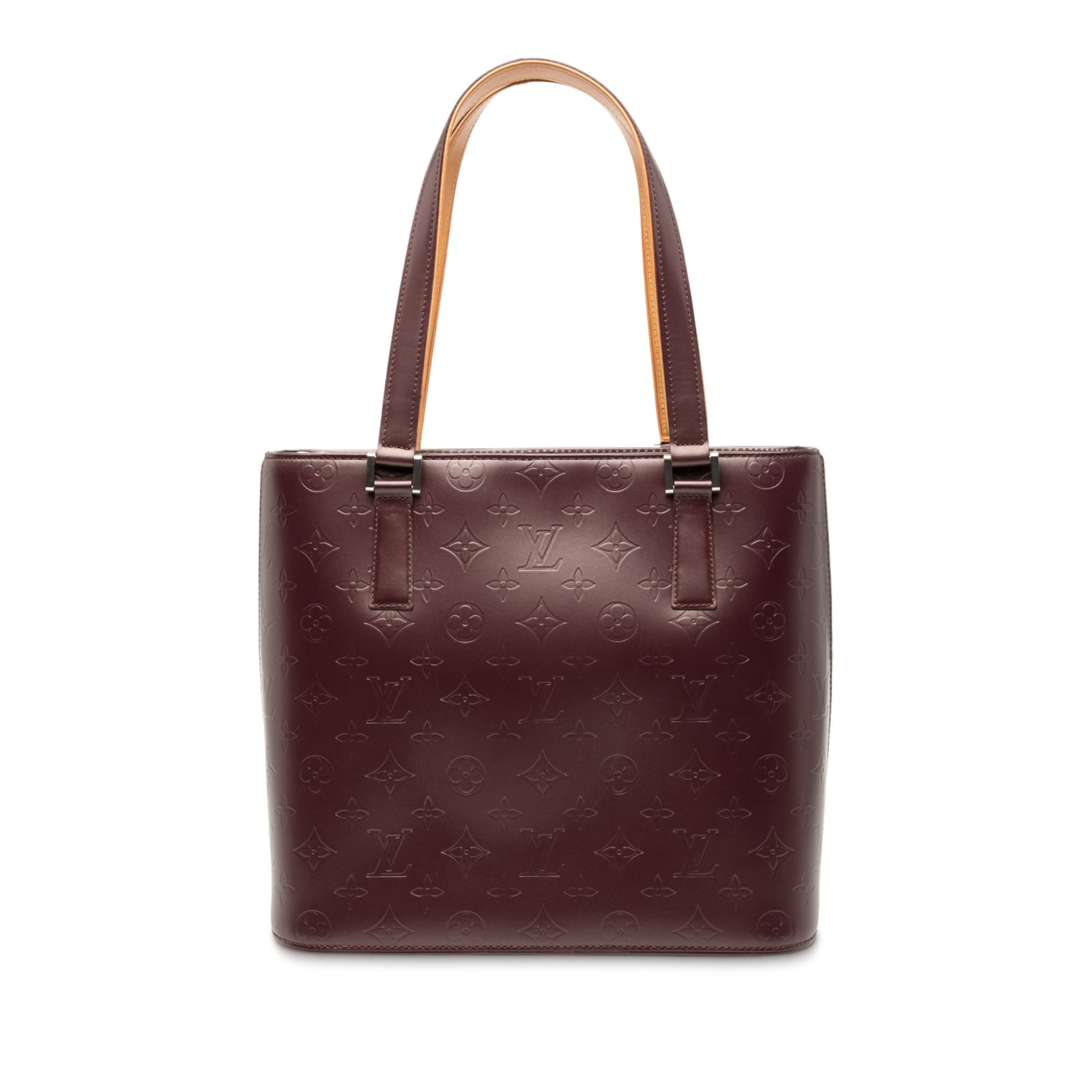Red Monogram Mat Leather Stockton Tote by Louis Vuitton: Red Monogram Mat Leather Stockton Tote by Louis Vuitton This Louis Vuitton Monogram Mat Stockton bag features a monogram mat leather body in red, flat leather handles, a top zip closure, and interior