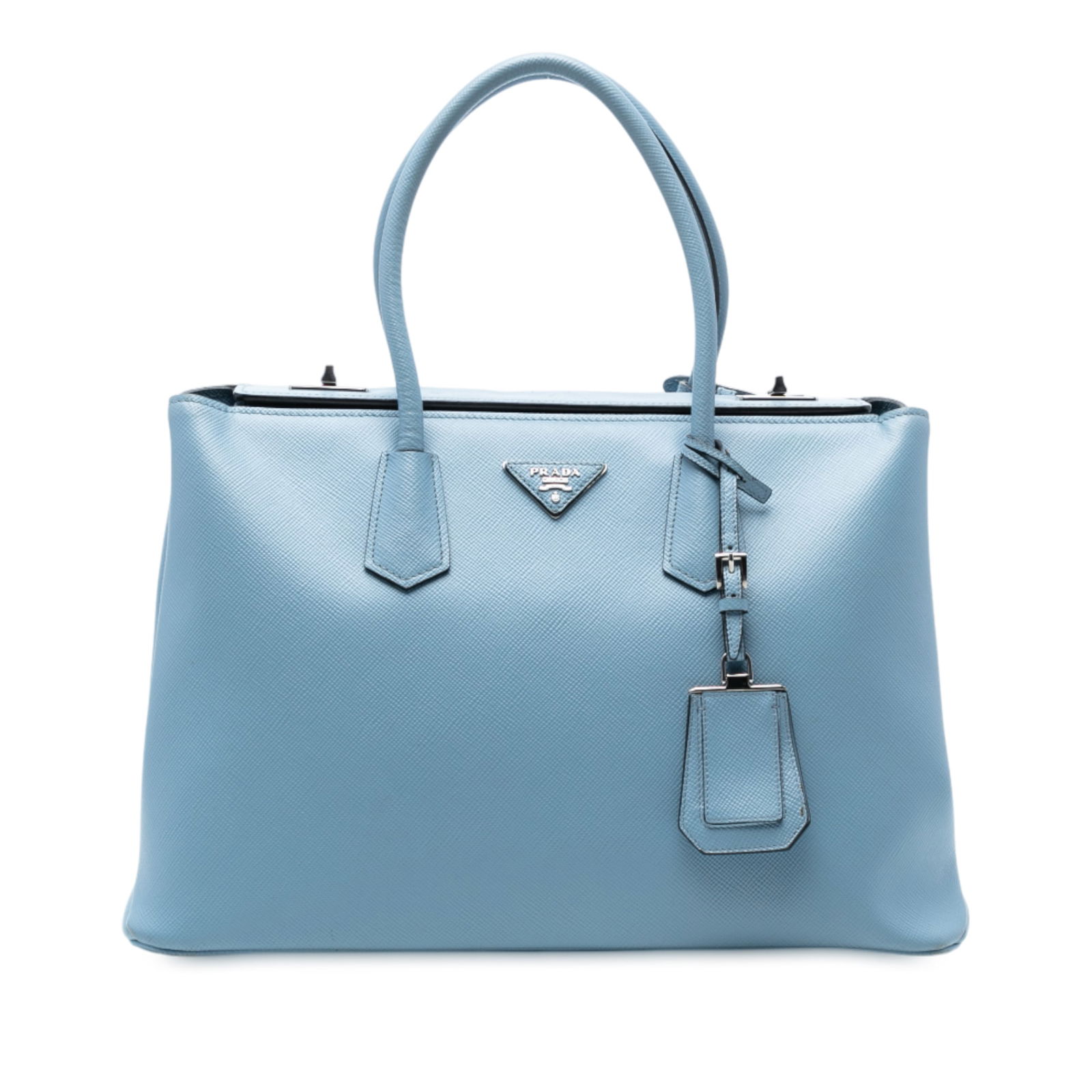Prada Saffiano Cuir Turnlock Twin Satchel Blue Leather Bag (1 of 7)