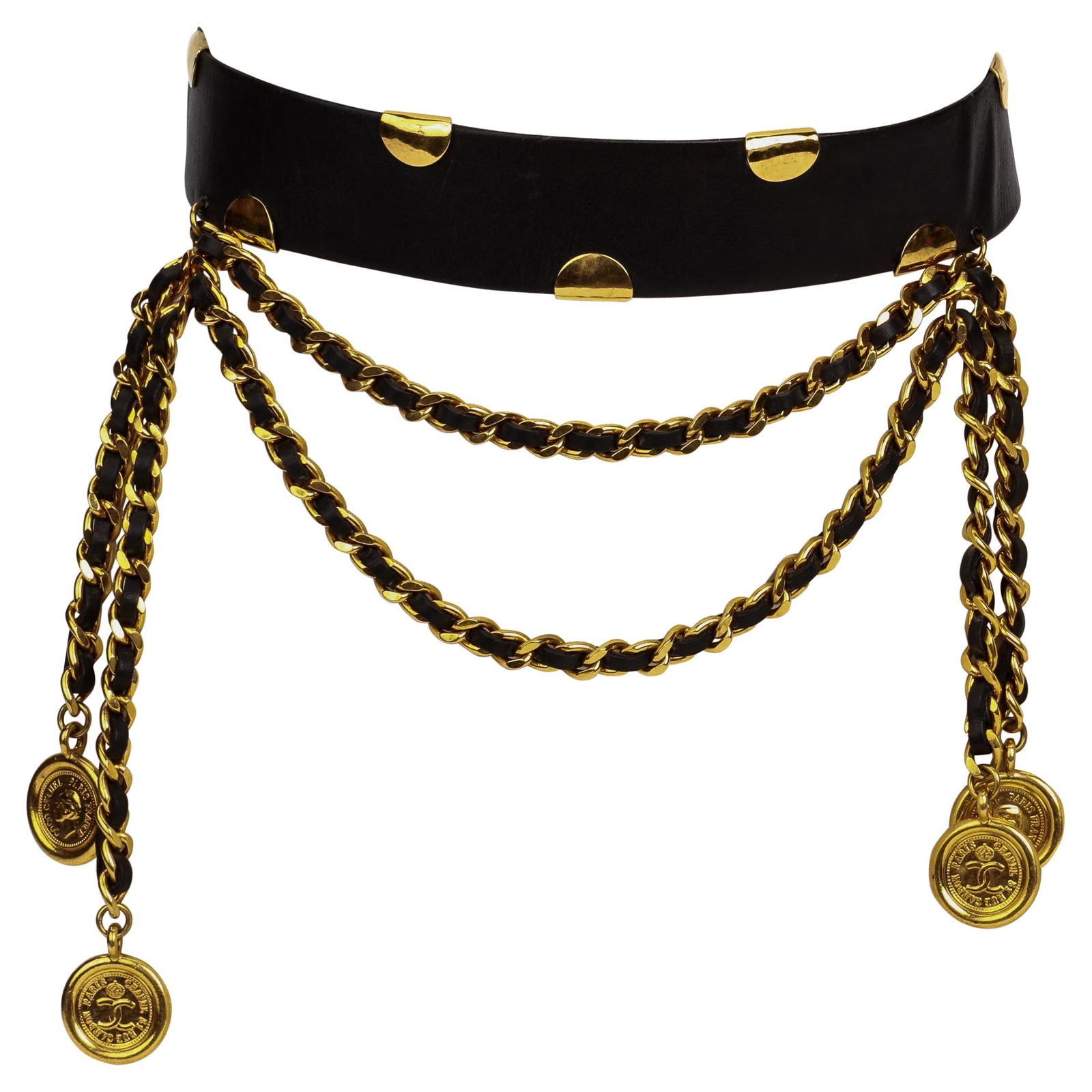Chanel Vintage Black Leather Chain Belt Spring 93 with Charms: Chanel Vintage Black Leather Chain Belt Spring 93 with Charms This stunning vintage Chanel black leather chain belt is a must-have accessory for any fashion enthusiast. Crafted in France during the Sp