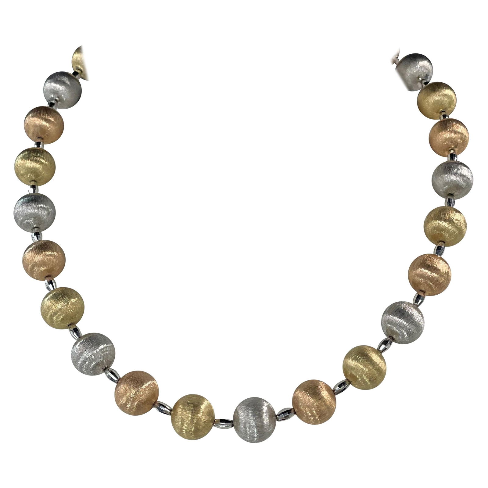 14K Tri-Color Gold Brushed Beaded Necklace 17.5 Inches 40g: 14K Tri-Color Gold Brushed Beaded Necklace 17.5 Inches 40g This stunning 14 Karat tri-color gold necklace showcases a contemporary design with a brushed finish. The necklace features 24 elegantly craf