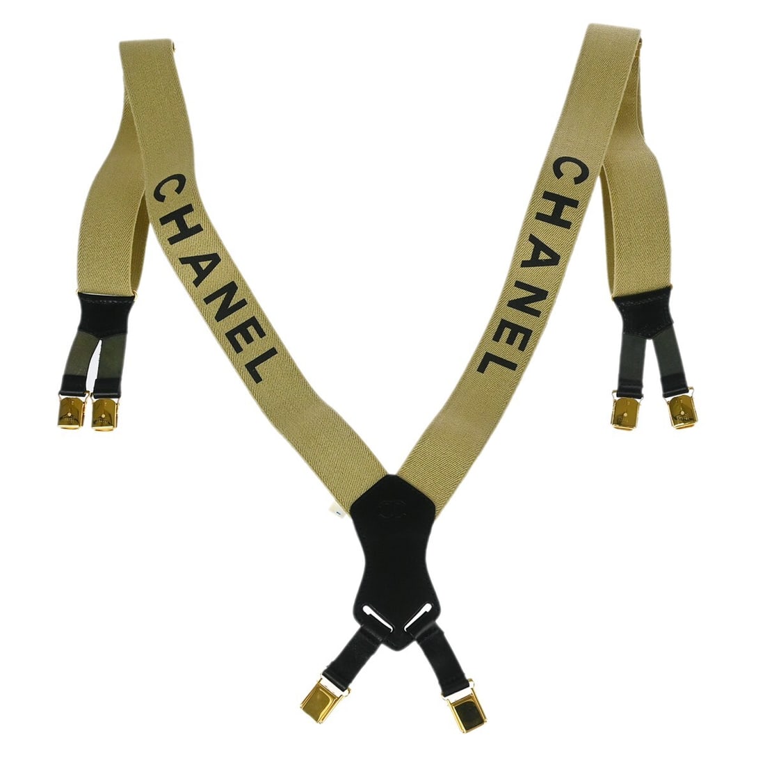 Beige Black Gold Logo Suspenders by Chanel: Beige Black Gold Logo Suspenders by Chanel These Chanel logo suspenders feature a beige, black, and gold color scheme. Designed for female use, they are in very good condition with minor scuffs and no