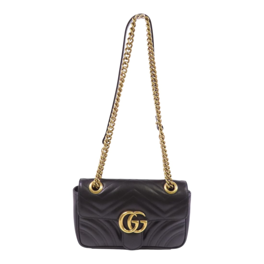 GUCCI GG Marmont Chain Shoulder Bag Black Calfskin Leather GHW: GUCCI GG Marmont Chain Shoulder Bag Black Calfskin Leather GHW This GUCCI GG Marmont Chain Shoulder Bag is crafted from luxurious black calfskin leather, showcasing the iconic GG logo and polished gol