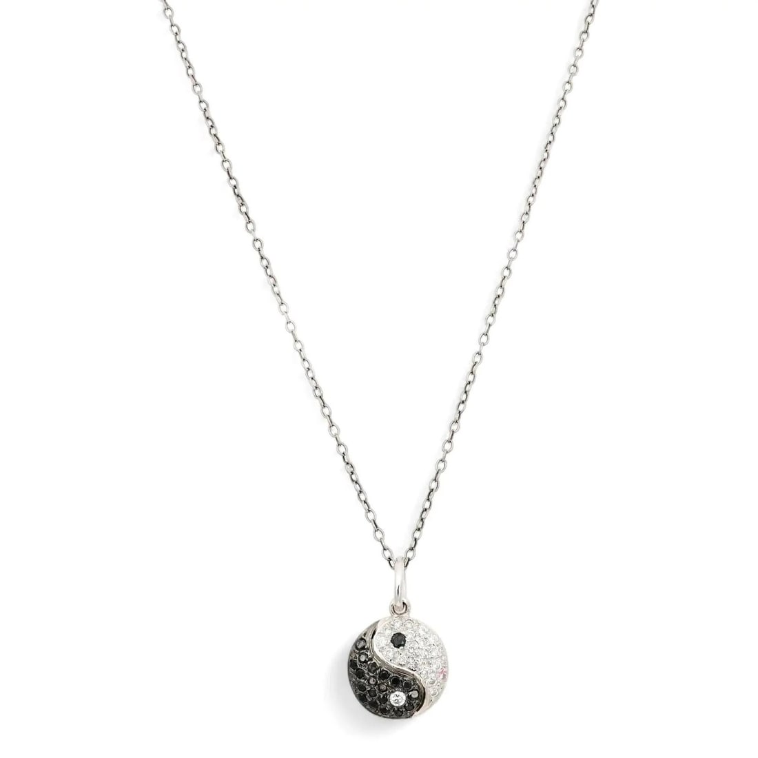 Rachel Koen Yin Yang Pendant Necklace with Black and White Diamonds 18k White Gold: Rachel Koen Yin Yang Pendant Necklace with Black and White Diamonds 18k White Gold This elegant Yin Yang pendant necklace features a round design crafted in high polished 18k white gold, complemented